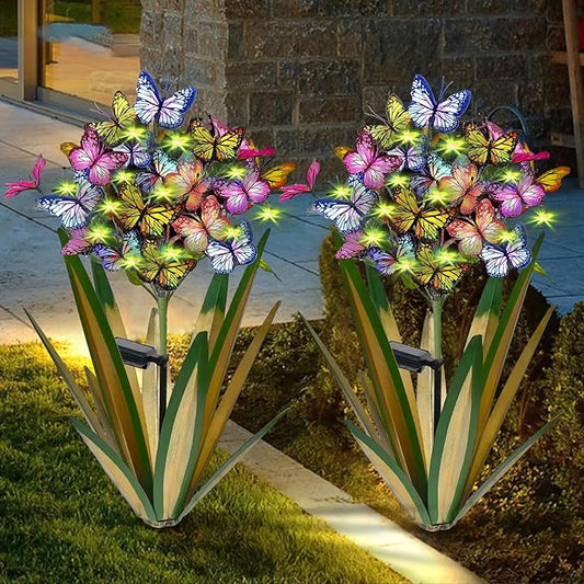 Solar Metal Agave Butterfly Flower Stick Garden Sculpture Outdoor Gift Solar Garden Christmas Lights Swaying Butterfly Garden Lights Solar Outdoor (2 PCS Light Green)