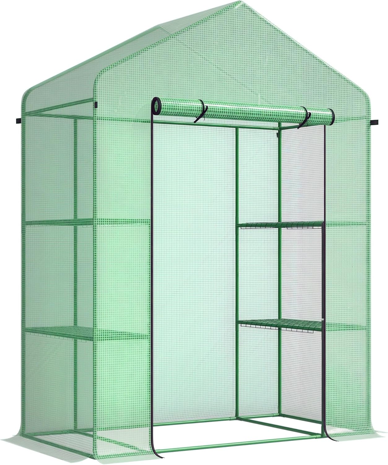 Outsunny 5' x 2.5' x 6.5' Mini Walk-in Greenhouse Kit, Portable Green House with 3 Tier Shelves, Roll-Up Door, and Weatherized PE Cover for Backyard Garden, Green