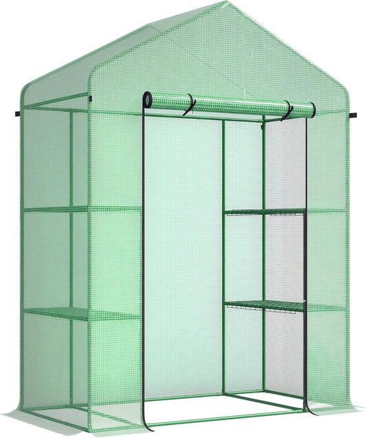 Outsunny 5' x 2.5' x 6.5' Mini Walk-in Greenhouse Kit, Portable Green House with 3 Tier Shelves, Roll-Up Door, and Weatherized PE Cover for Backyard Garden, Green