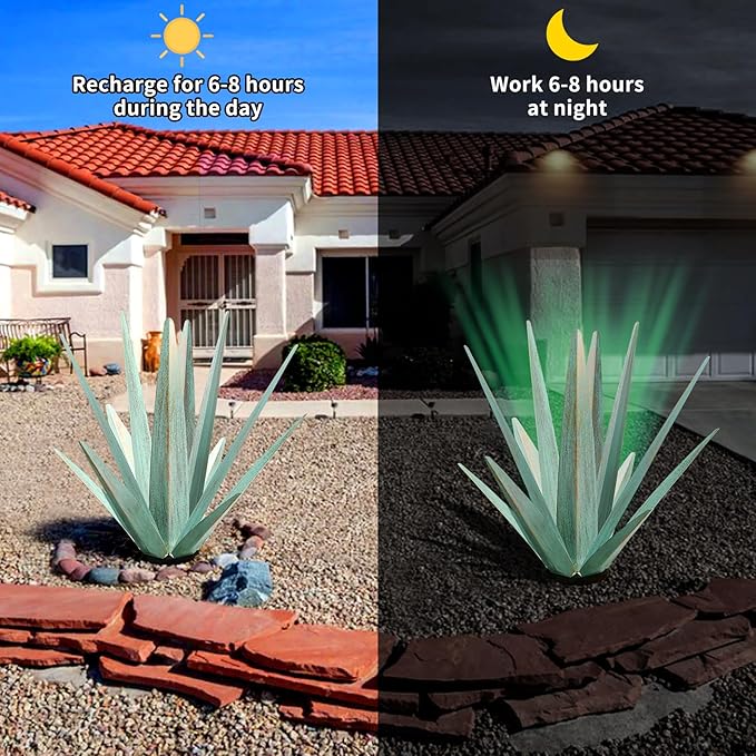 Large Tequila Rustic Sculpture, Rustic Metal Agave Plants for Outdoor Patio Yard, Home Decor Hand Painted Metal Agave Garden Yard Statue, Outdoor Lawn Ornaments (Mint Green - L (W/ Solar Light))