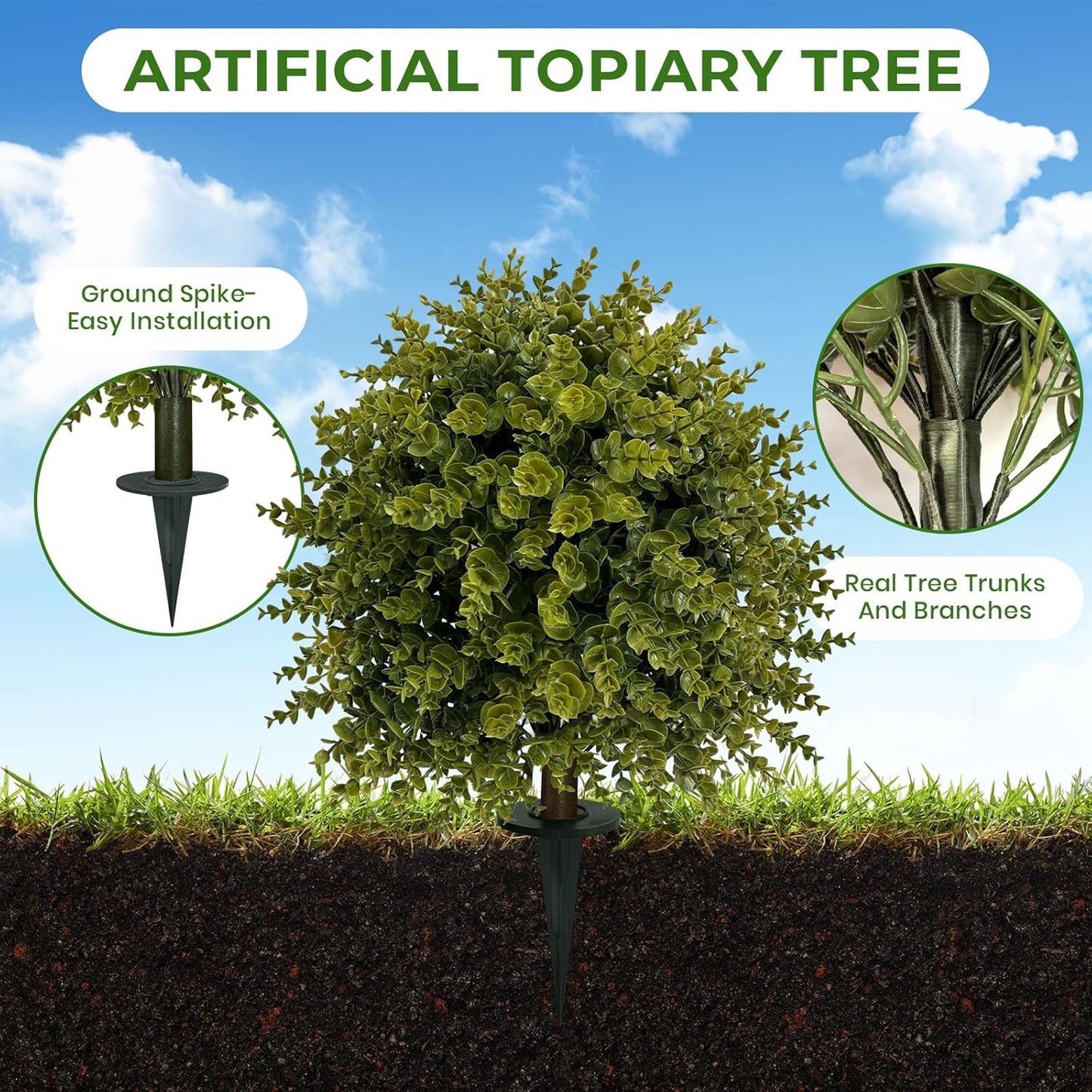 ICX 2 Set 25" Artificial Eucalyptus Topiary Ball Trees with Ground Spike,Artificial Plants Outdoor,Fake Bushes & Shrubs for Porch, Garden, Front Porch Decor - Indoor/Outdoor Faux Plants