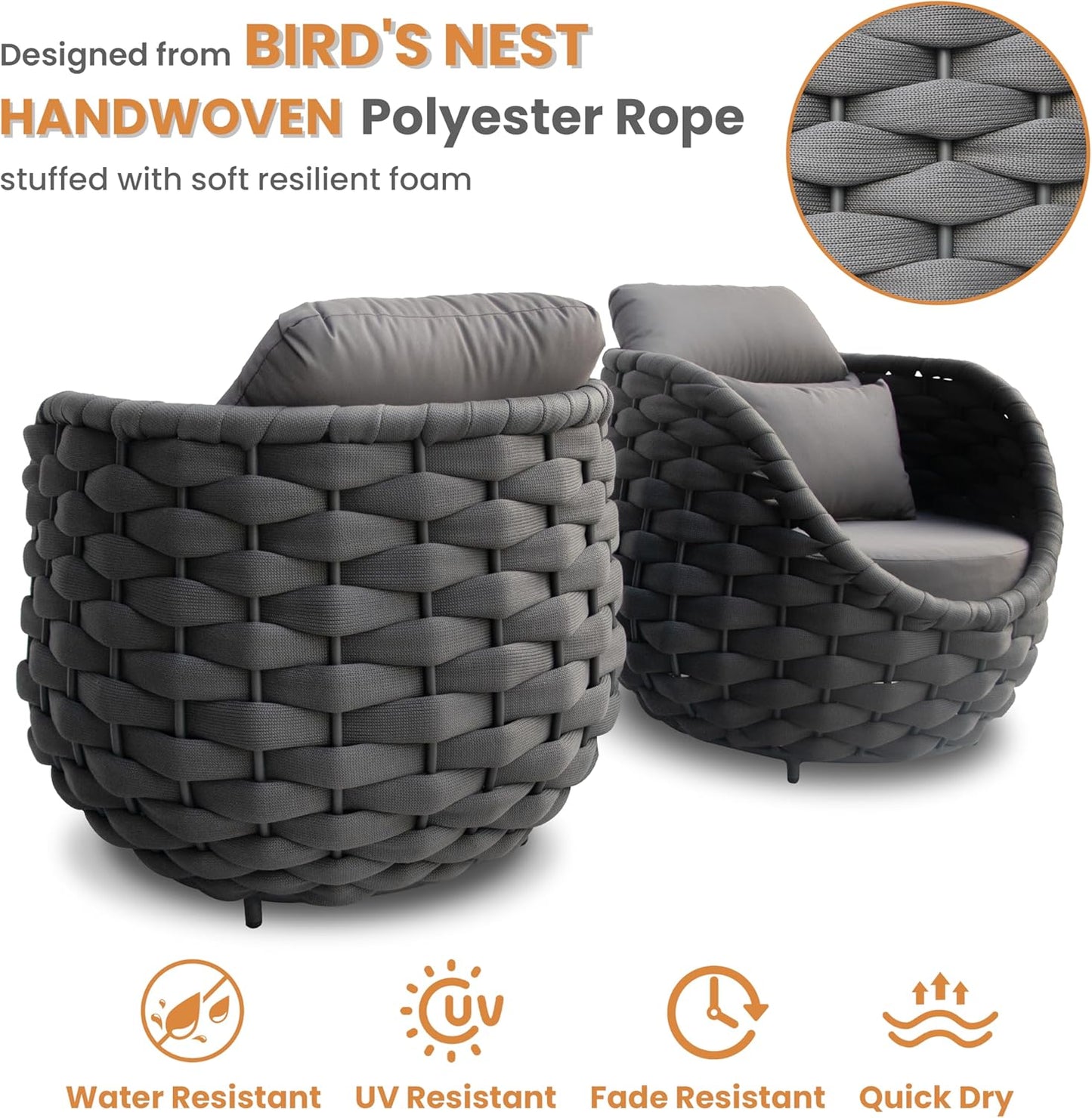 Aluminum Outdoor Seating Set: 5-Piece Woven Rope Patio Conversation Set of 6 - Metal Sofa Set Assembled Cushioned - Modern Couch Porch Furniture for Deck Lanai Balcony Yard Pool Hotel, Dark Gray