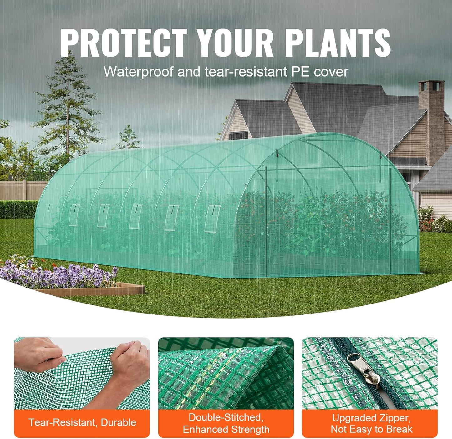 VEVOR Walk-in Tunnel Greenhouse, 29.2x9.7x6.5 ft Hoop House Greenhouse Tunnel, Plant Hot House with Galvanized Steel Frame, Green PE Cover, Roll-up Zipper Door and 12 Windows for Outdoor