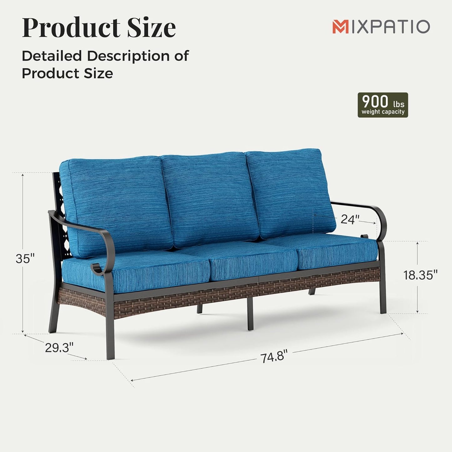 Patio Furniture Sofa, 3-Seat Patio Sofa Steel Frame Outdoor Sectional Couch with Deep Seating and 5.75” Cushions for Lawn Backyard Porch Deck, Peacock Blue