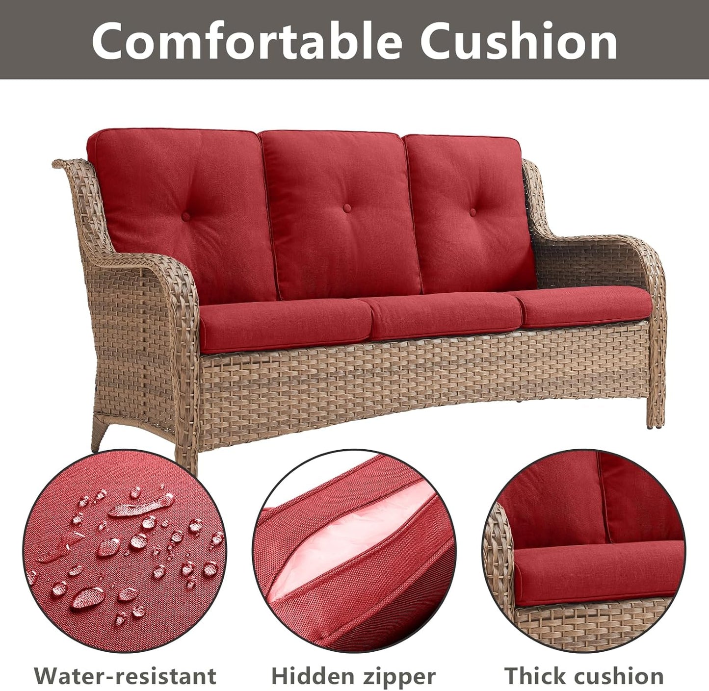 Outdoor Wicker Patio Furniture Set - 6 Piece Rattan Patio Conversation Set with 2 Rocking Swivel Chairs,2 Ottomans,1 Sofa and 1 Side Table for Porch Deck Backyard Garden(Yellow/Red)