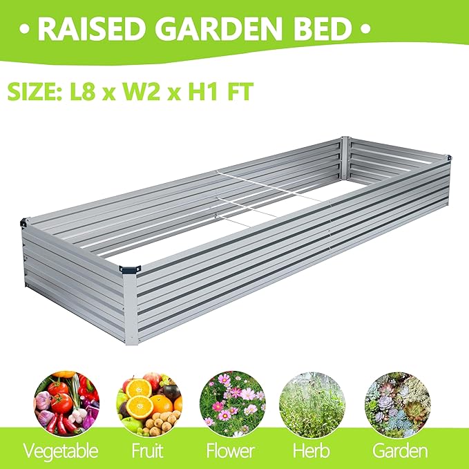 MGNO 2pcs 8x2x1FT Galvanized Raised Garden Bed-Outdoor Planter Box for Vegetables-Metal Garden Bed,Rectangle Planting Box for Herb,Flower