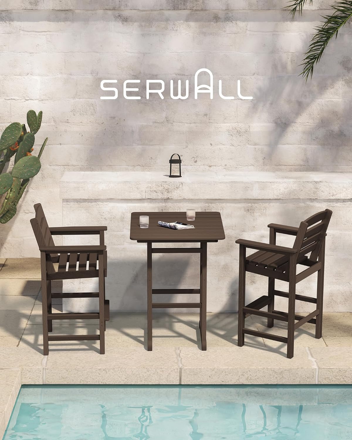 SERWALL HDPE Outdoor Patio Bar Set, Tall Adirondack Bar Chair and Table Set (Coffee, 3 pcs)
