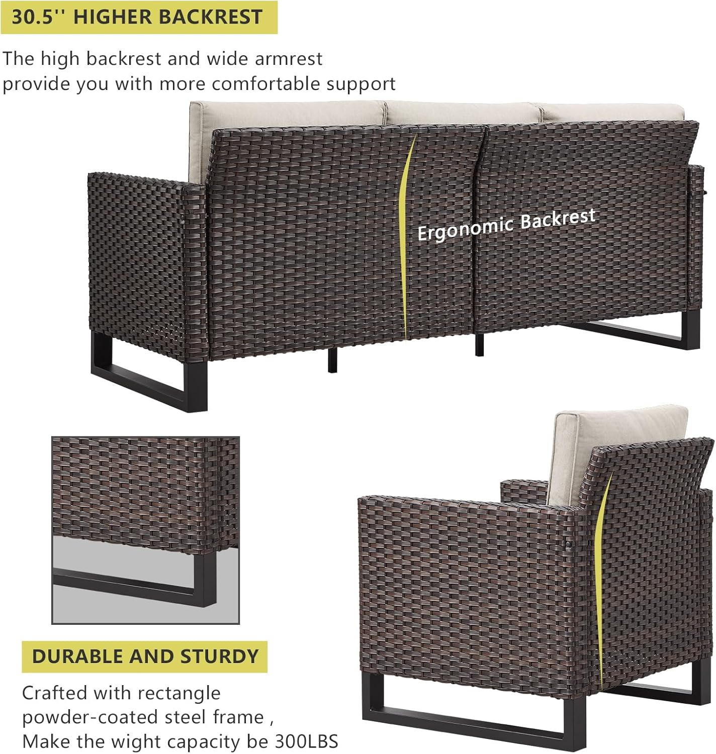 HUMMUH 8 Piece Patio Furniture with Fire Pit,PE Wicker Outdoor Conversation Sets-6-Seater Sofa,Patio Swivel Chairs Outdoor Chairs, Propane Fire Pit,Side Table for Porch,Garden,Backyard(Brown/Beige)