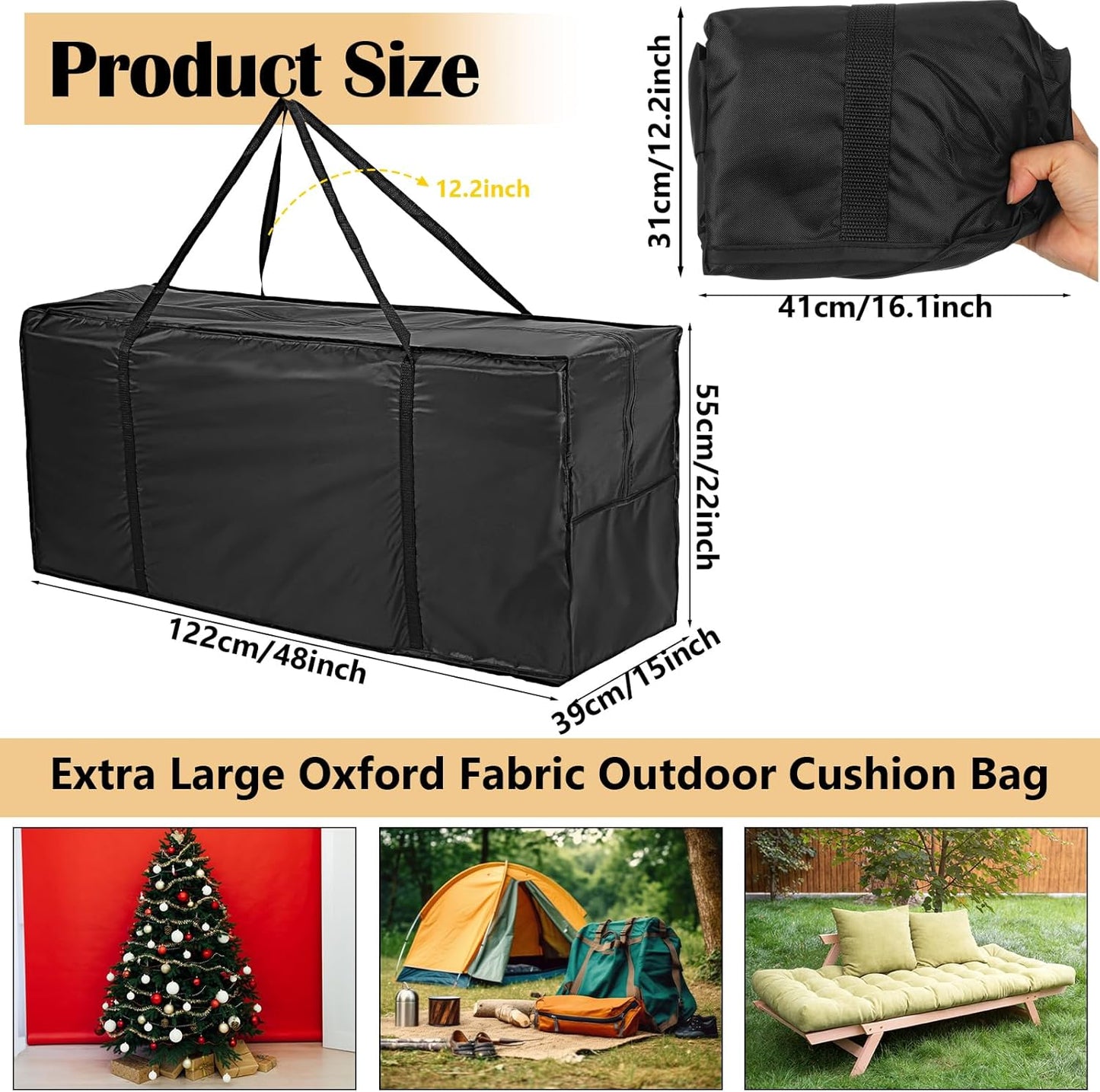 Silkfly 4 Pcs Patio Cushion Storage Bags 48" L x 15" W x 22" H Outdoor Cushion Storage Bag Extra Large Zippered Furniture Pillow Protective Storage Bag Black 420D Oxford Fabric Christmas Tree Storage