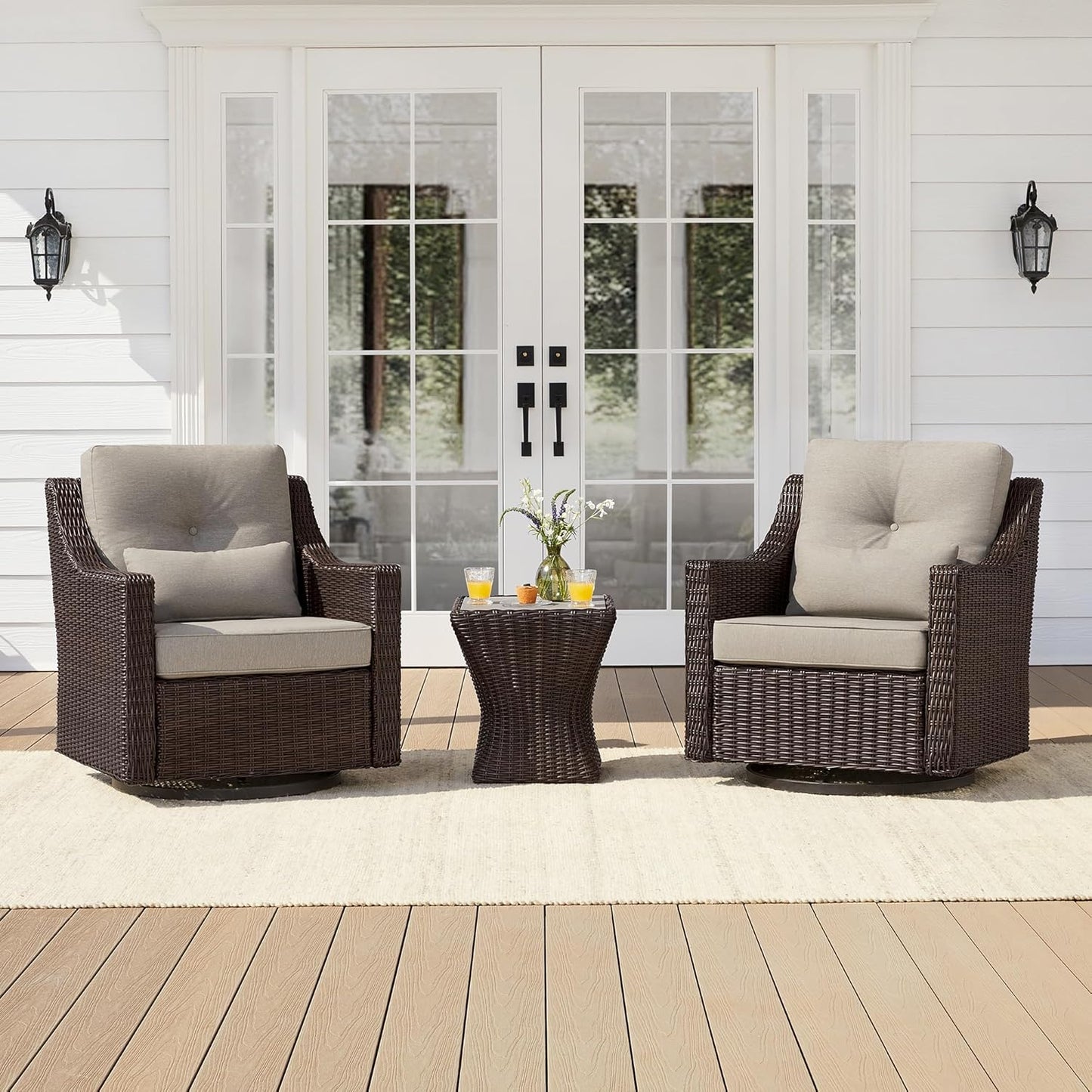 CHITA 3 Pieces Wicker Patio Bistro Set, Outdoor Furniture Set with 2 Pieces Rattan Rocking Swivel Chairs, Thickened Cushions and Side Table