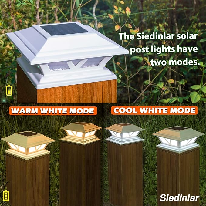 SIEDiNLAR Solar Post Lights Outdoor 2 Modes LED Fence Deck Cap Light for 4x4 5x5 6x6 Posts Garden Patio Decoration Warm White/Cool White Lighting White (2 Pack)