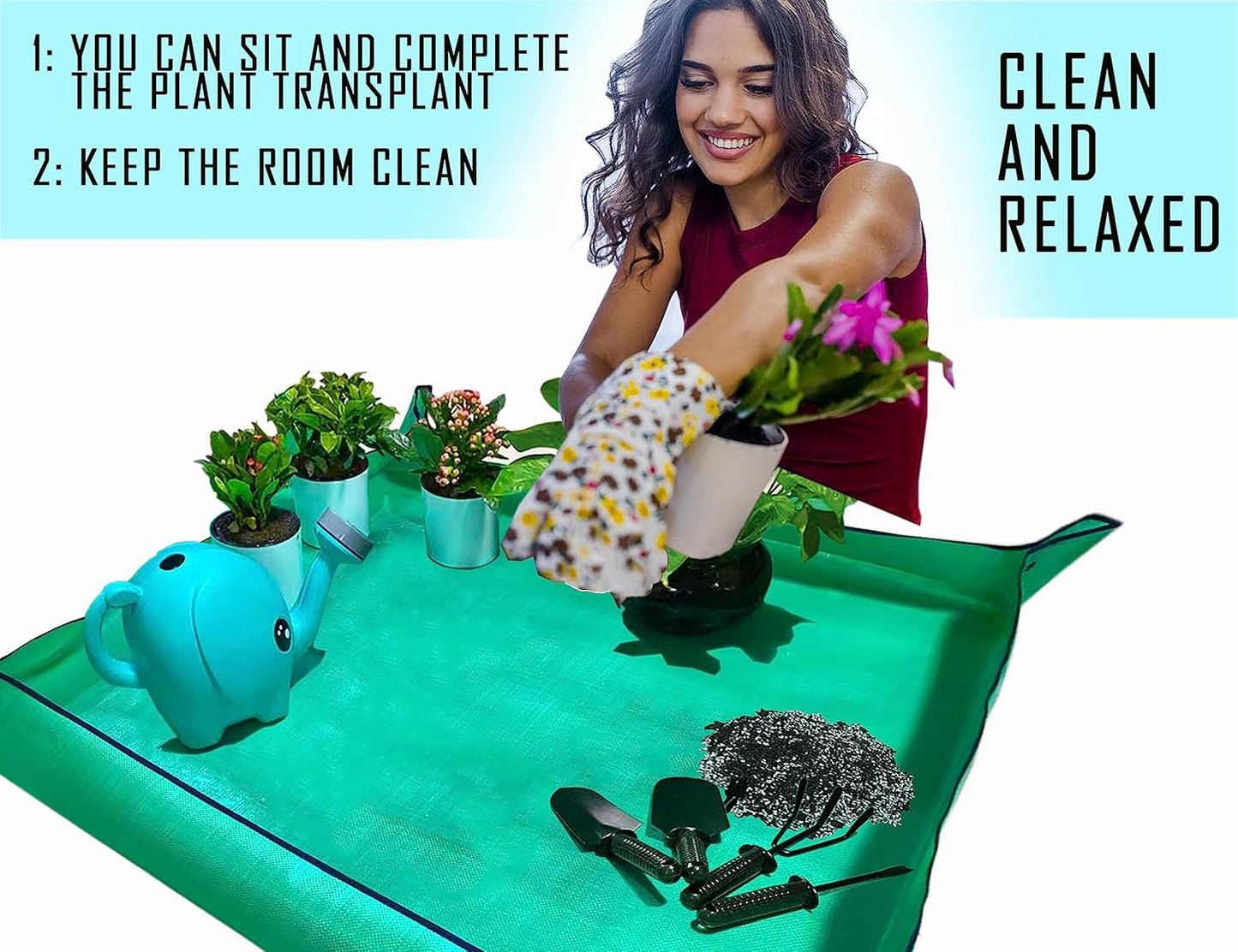 BIUWING Plant Repotting Mat,Waterproof Transplanting Mat,Foldable Indoor Succulent Potting Mat for Garden, Portable Gardening Mat for Indoor Plant Transplanting and Mess Control (39.4"*39.4" Green)