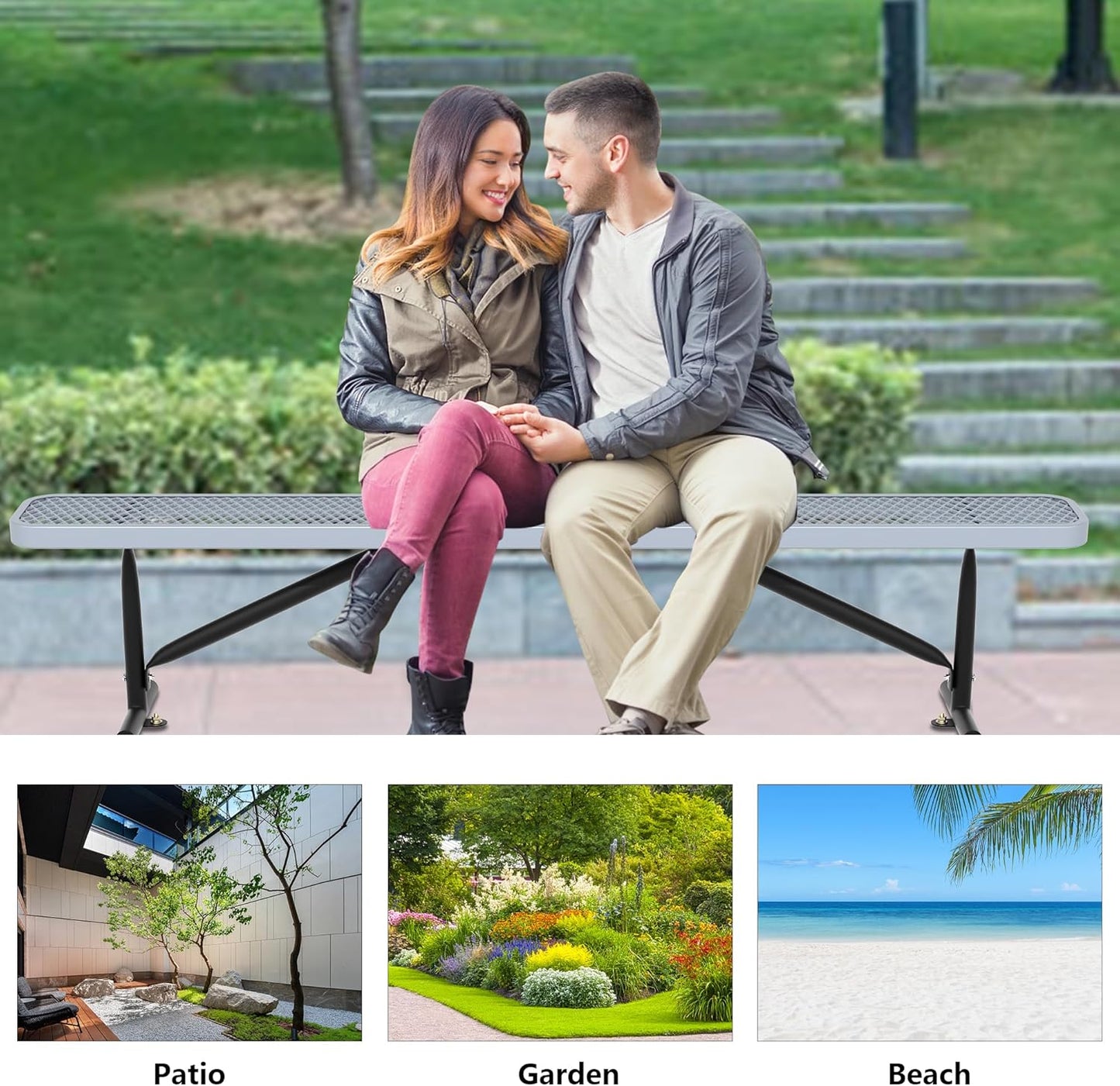 8 Feet Heavy Duty Metal Park Bench for Outside, Outdoor Bench with Portable Frame, Commercial Benches for Shopping Mall, Store, Park, Patio, Deck, Grey