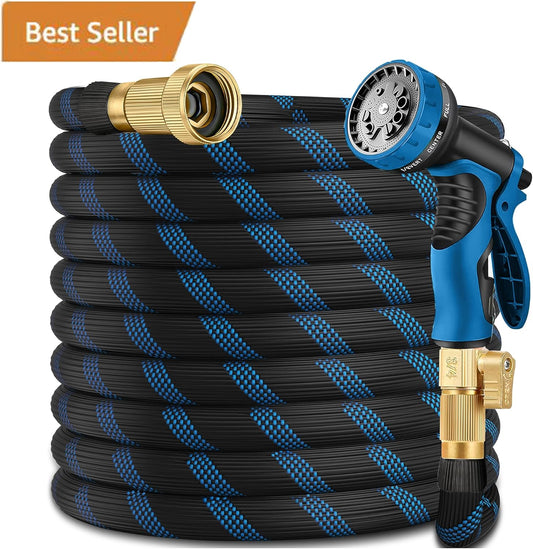 100ft Garden Hose - Water Hoses w/10 Function Spray Nozzle, 2025 New Superior Strength Flexible Hose, 3/4" Brass Connectors- Leakproof Lightweight Water Pipe for Gardening(Blue Black)