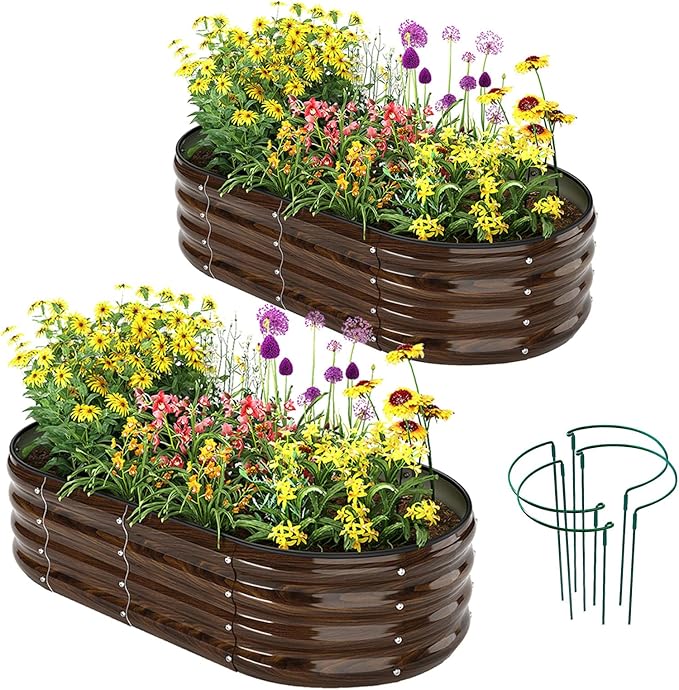 Galvanized Metal Raised Garden Bed Kit for Gardening Outdoor Planter Grow Garden Box Raised Flower Bed Galvanized Planter Outdoor Brown 2PC