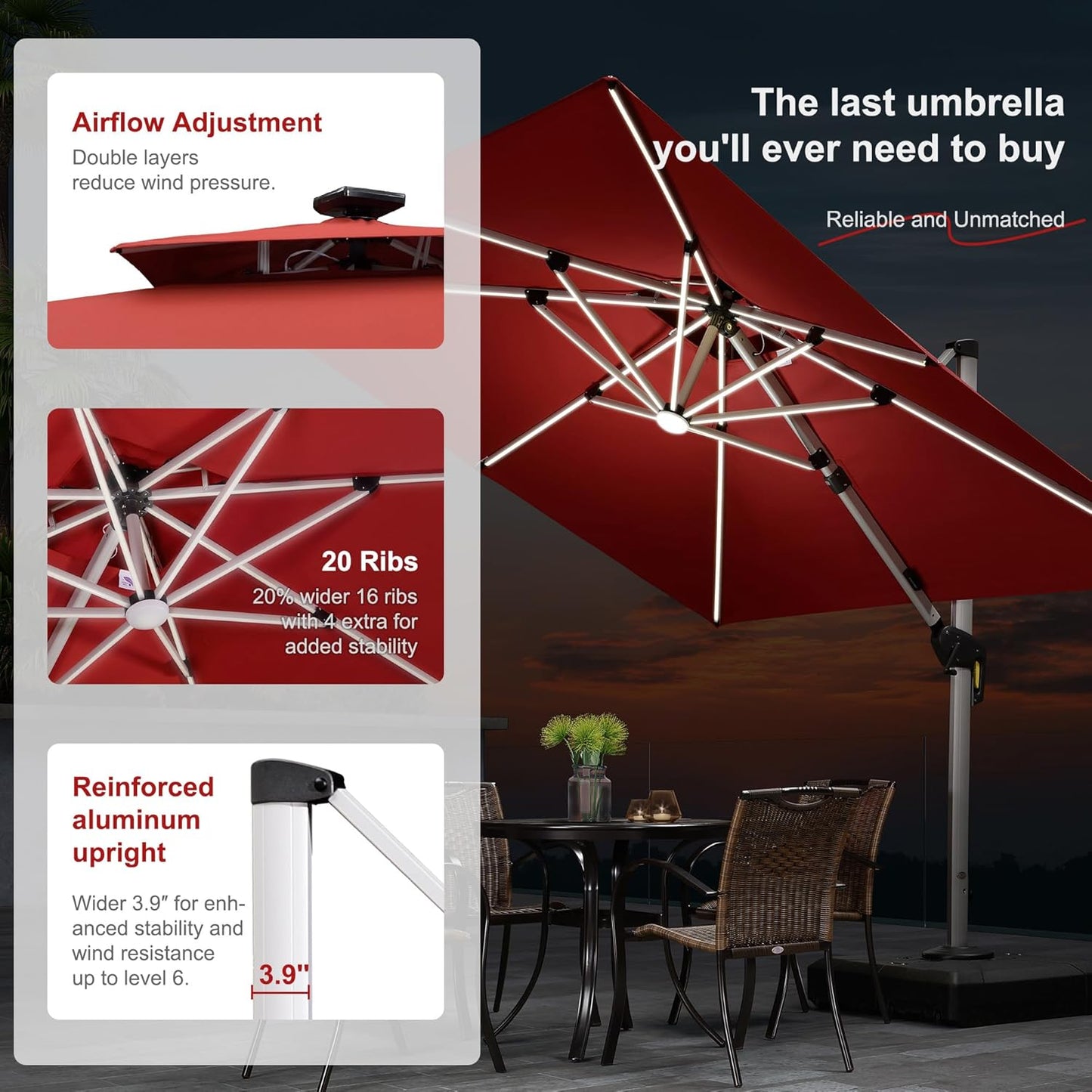 PURPLE LEAF 9' X 12' Solar Powered LED Rectangle Patio Umbrella Offset Cantilever Umbrellas Outdoor Market Umbrella Double Top Deluxe Garden Umbrellas, Terra