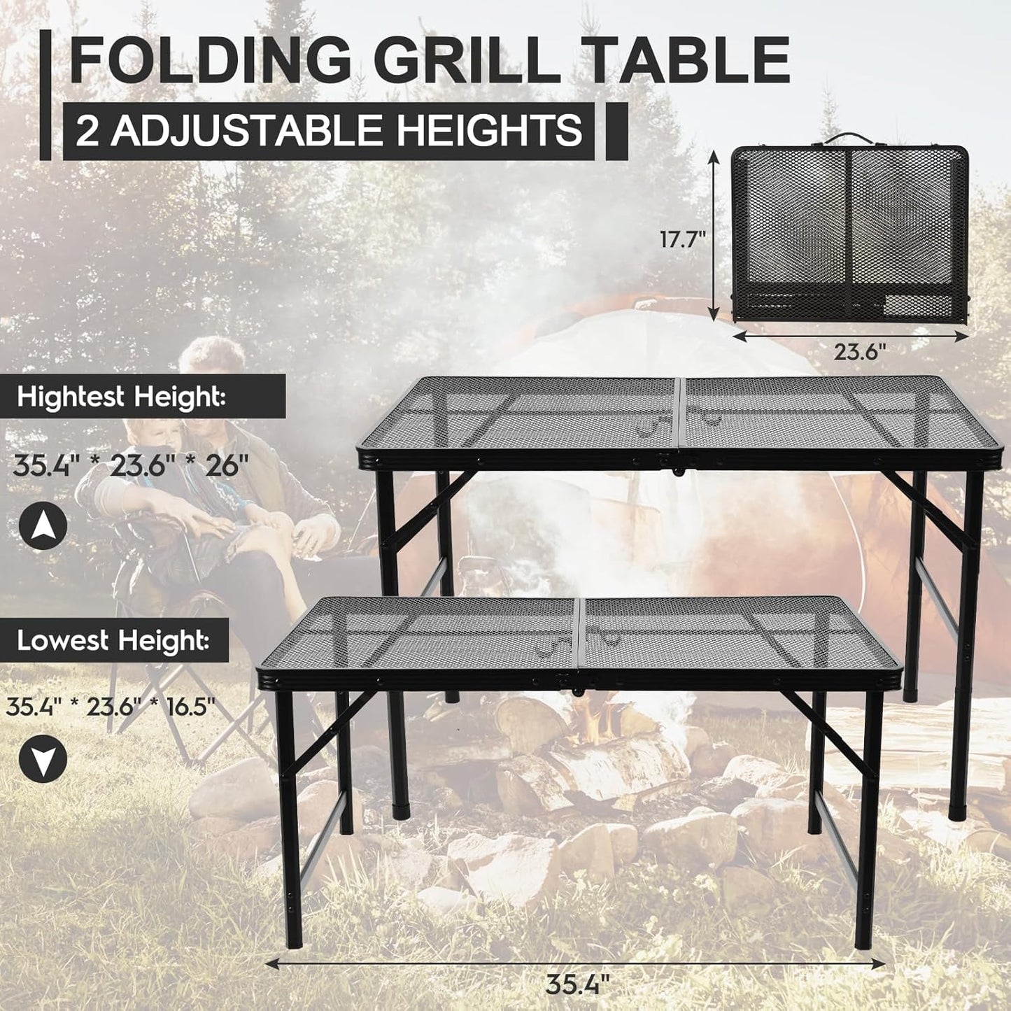 Folding Grill 3x2 FT Portable Camping Table, Lightweight Height Adjustable Metal Picnic Outdoor Table with Mesh Desktop and Mesh Bag, Beach and BBQ, Party