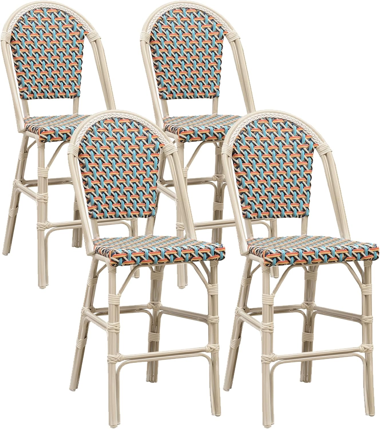PURPLE LEAF French Counter Height Bar Stool Set of 4 25" White Print Finish Patio Chairs with Back Rattan Bar Chairs French Bistro Set for Kitchen Outdoor Counter Stool Colorful