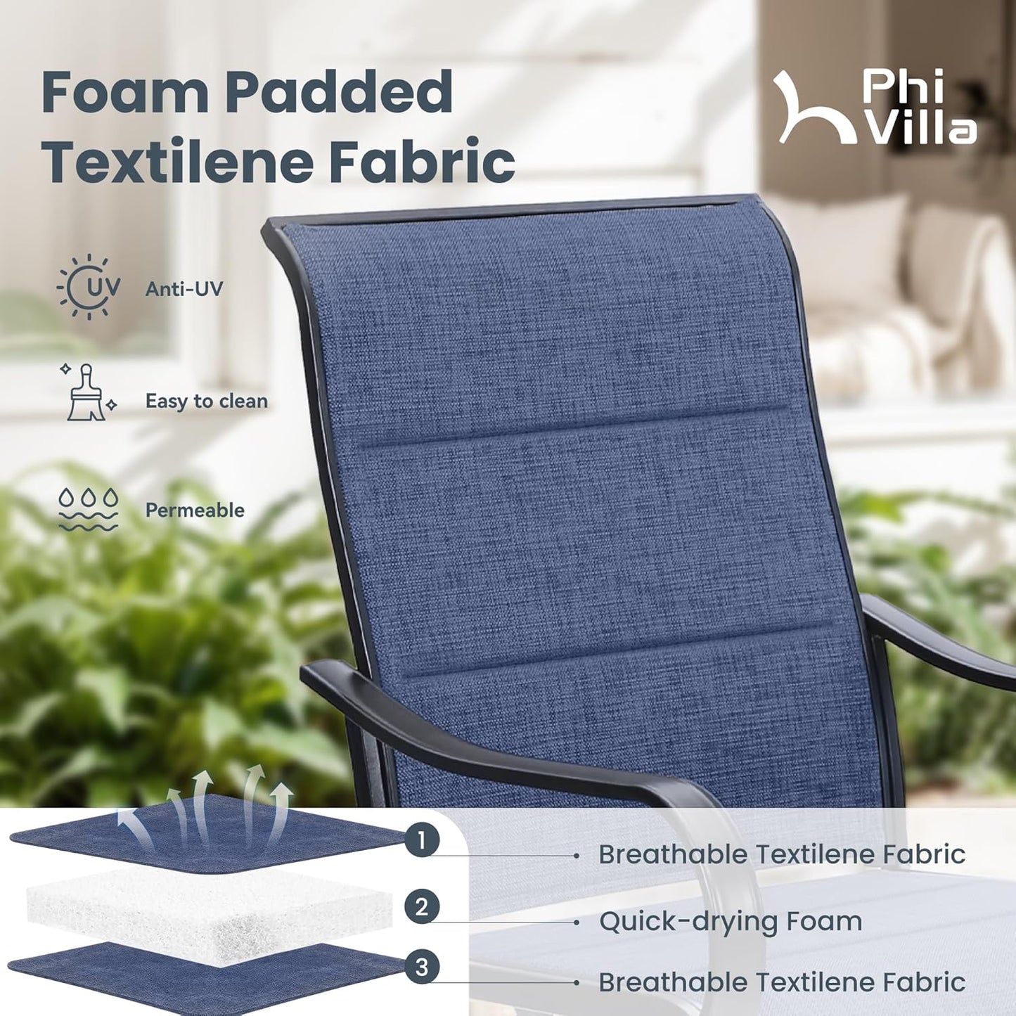 PHI VILLA Patio Swivel Dining Chairs Set of 2, All Weather Outdoor Chair with Padded Textilene & Black Metal Frame for Outdoor Lawn Garden Pooside (Blue)