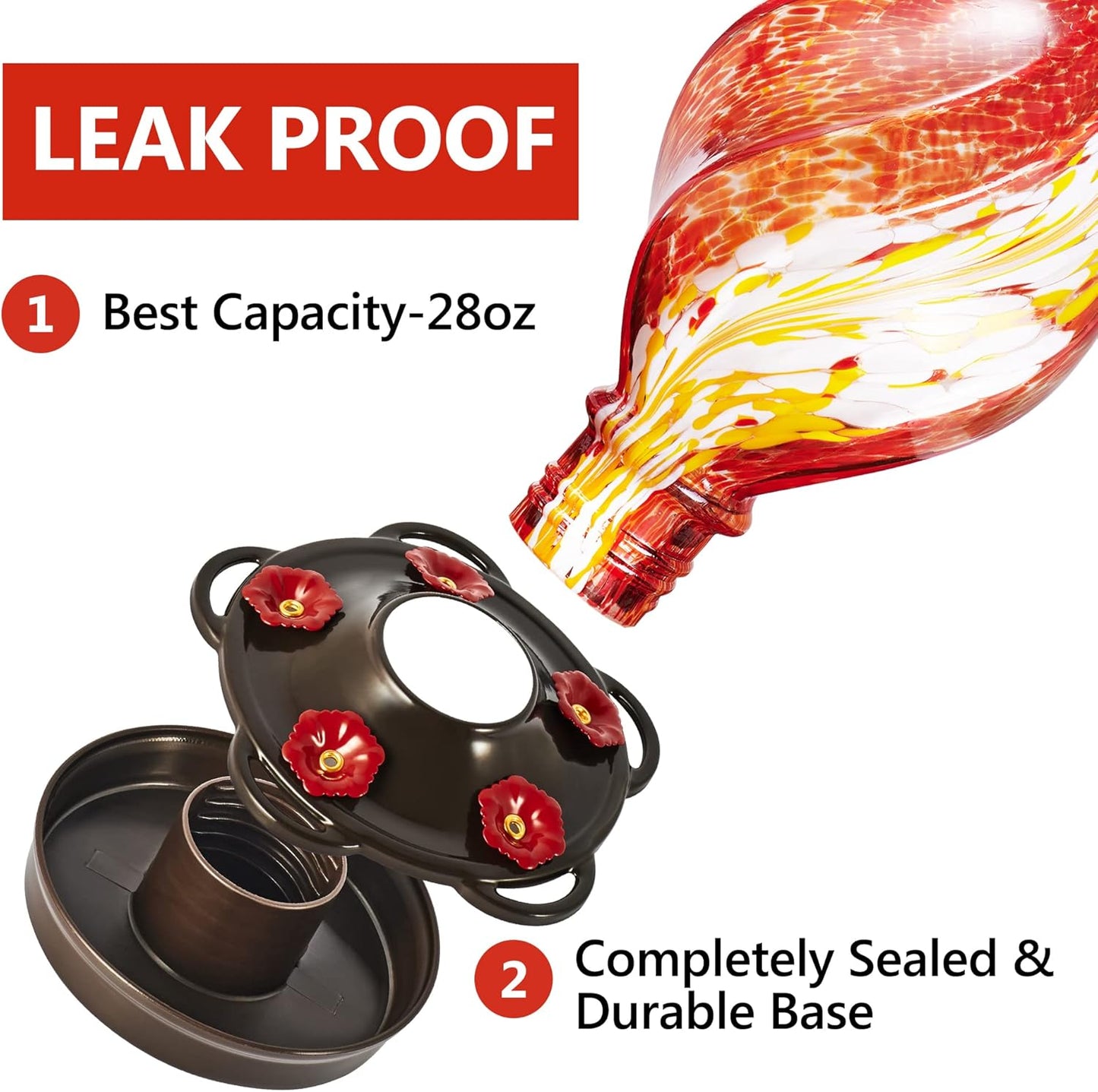 LUJII Ice Cream Shaped Spiral Hummingbird Feeder, Hand Blown Glass, 28 fl.oz, Leak Proof & Rustproof, Includes an Ant Moat for Outdoors Hanging, Unique & Stylish Garden, Outside & Backyard Decor (Red)