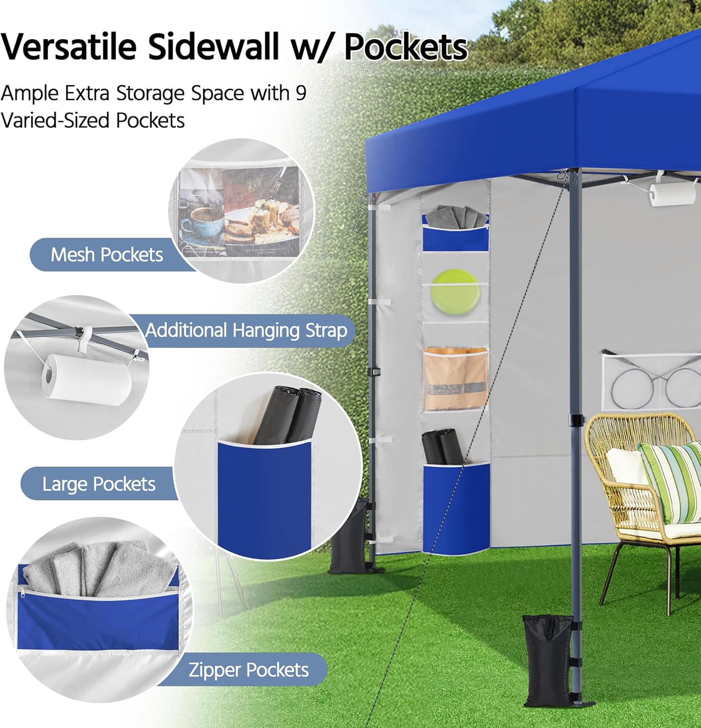 Yaheetech 10x10 Pop-up Canopy Tent w/Removable Pockets Sidewall for Extra Storage, Outdoor Sun Shelter Waterproof & Durable w/Wheeled Bag, Sandbags & Guylines for Beach Camping Party (Blue)