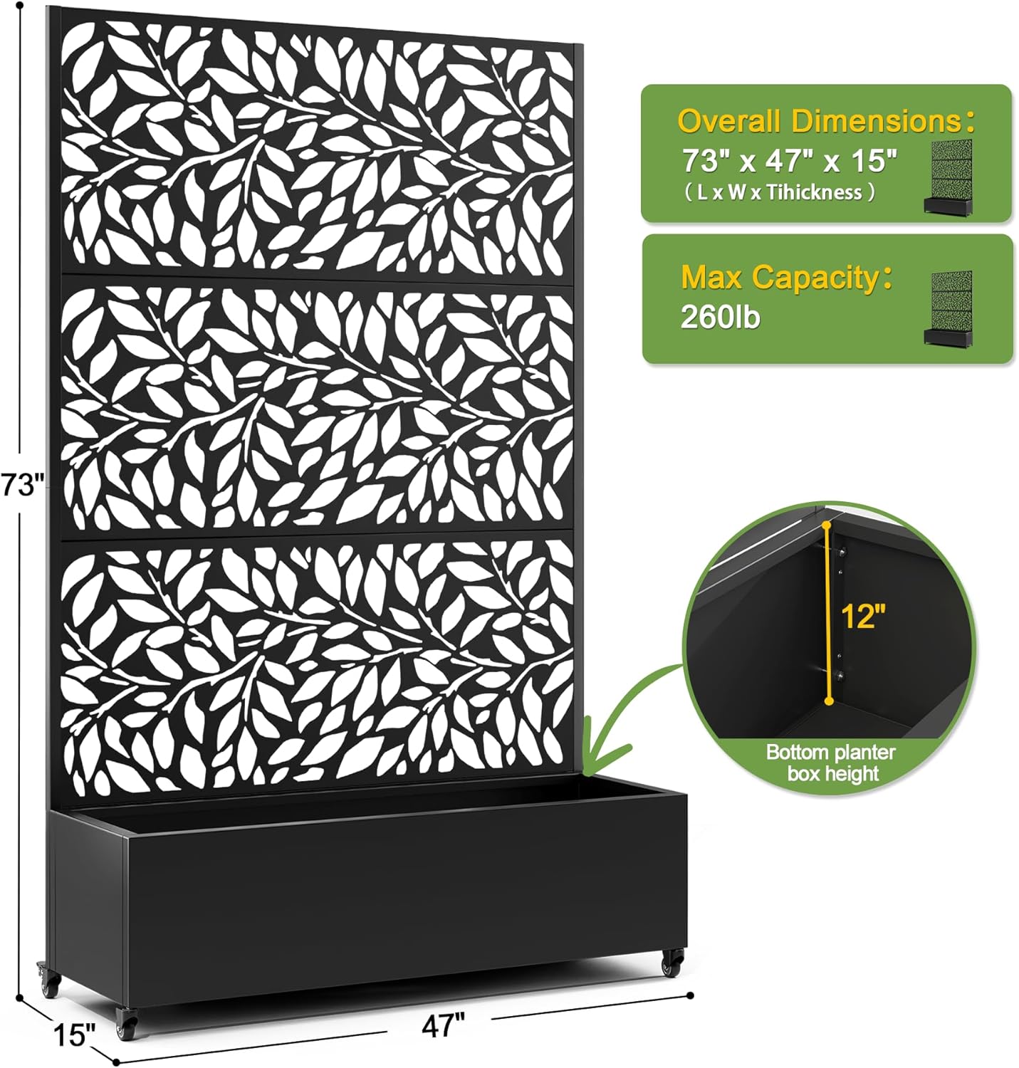 FENCY Metal Raised Garden Bed with Wheels and Trellis,73"x47"x16" Planter Box for Climbing Plants, Vegetables & Vines, Features Privacy Screen and Drainage Holes (Black-Leaf-2)