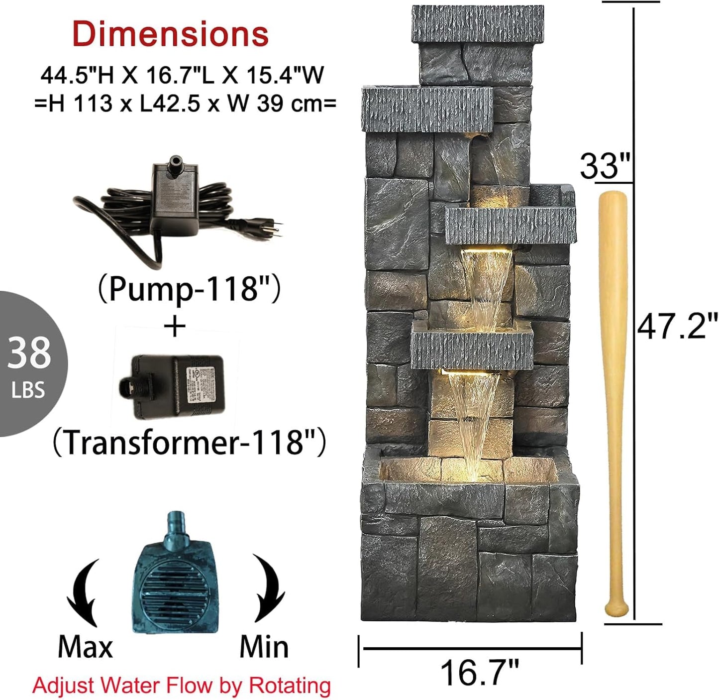 Garden Fountains Outdoor Water Fountain - 44.5 Inches 4 Tired Modern Indoor Floor Standing Outdoor Fountain with Lights Pump for Garden Patio Backyard Porch Home Art Decor, Dark Gray