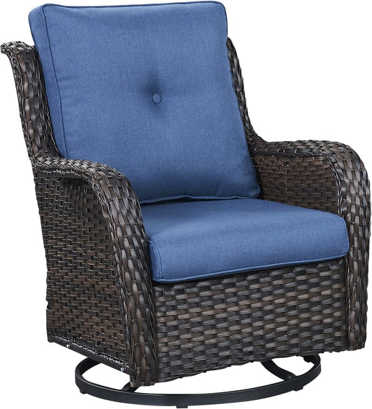 Outdoor Patio Swivel Rocker Chairs - Single Wicker Rattan Patio Swivel Rocking Chair with High Back,Deep Seating and Comfort Cushions for Deck Porch Garden,Brown/Blue