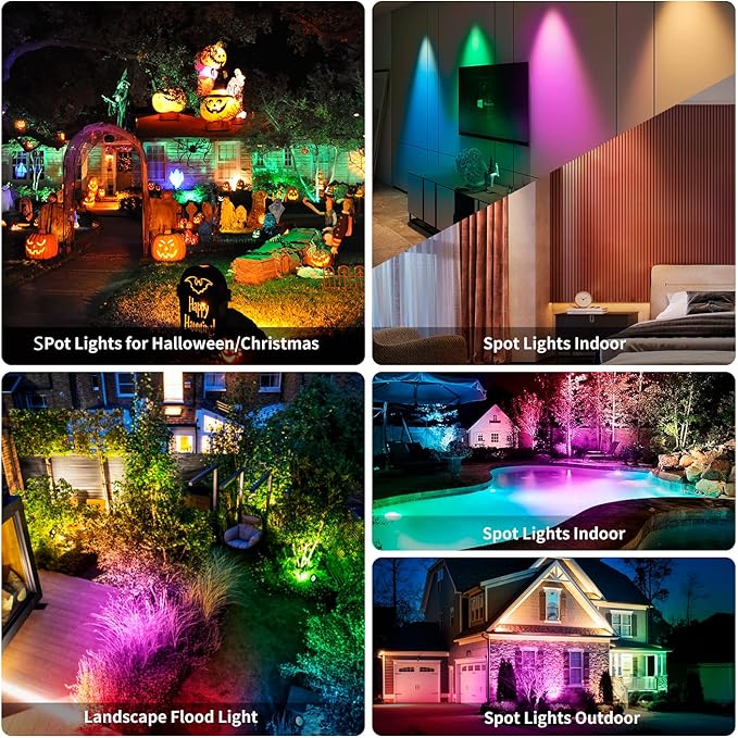 Christmas Spot Lights Outdoor 15W RGB Color Changing Landscape Lights with APP Control IP67 Waterproof Spotlight Outdoor 12V Low Voltage Landscape Lighting Outdoor Spotlights for Yard -2Pack