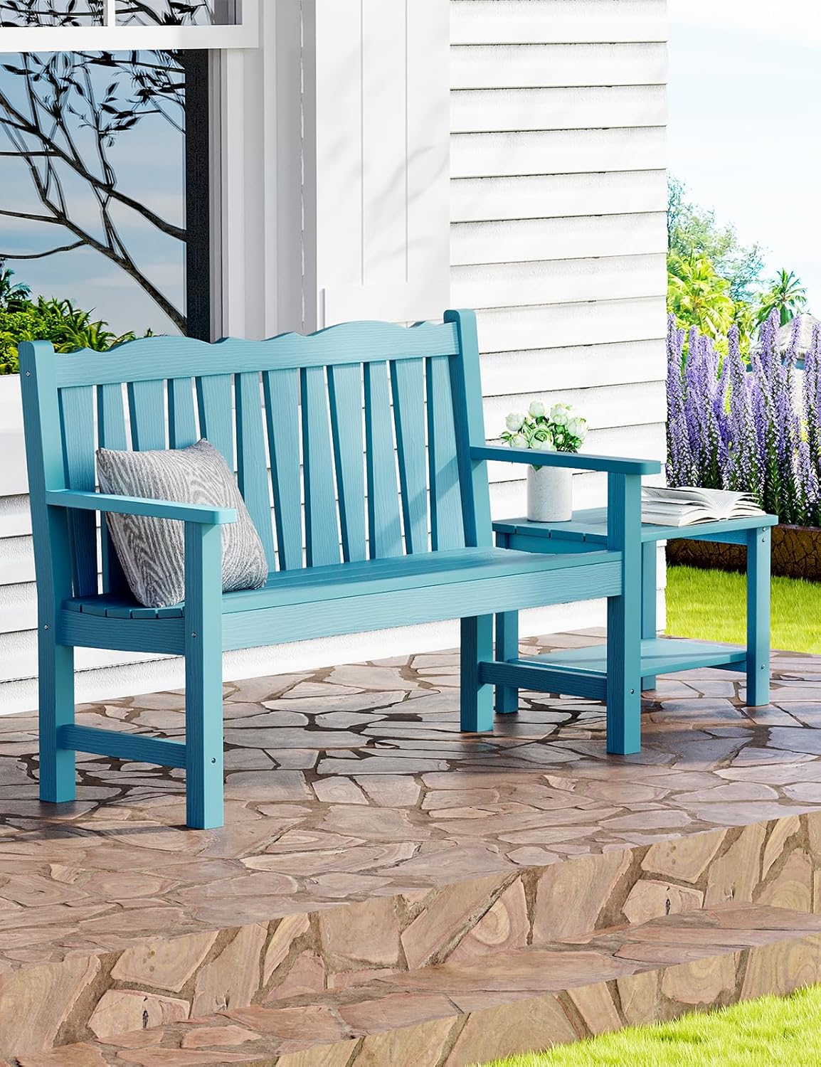 Outdoor Rocking Chairs Set, Weatherproof HIPS Outdoor Furniture, Include 2 Patio Rocking Chairs + Outdoor Bench, Suit for Garden, Porch, Lawn & Backyard(Lake Blue)
