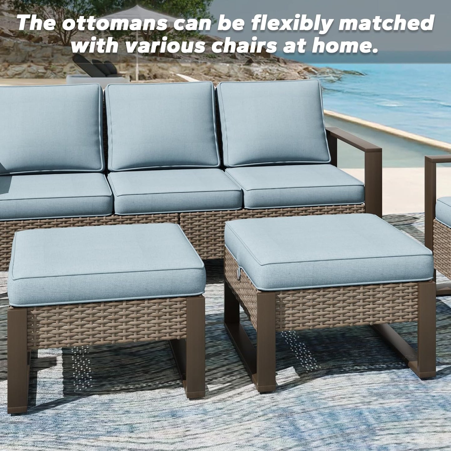 Patio Metal Wicker Ottoman Set of 2, Outdoor PE Rattan Footstools with Removable Cushions & Metal Steel Framed Legs for Garden Backyard Porch Deck, Baby Blue