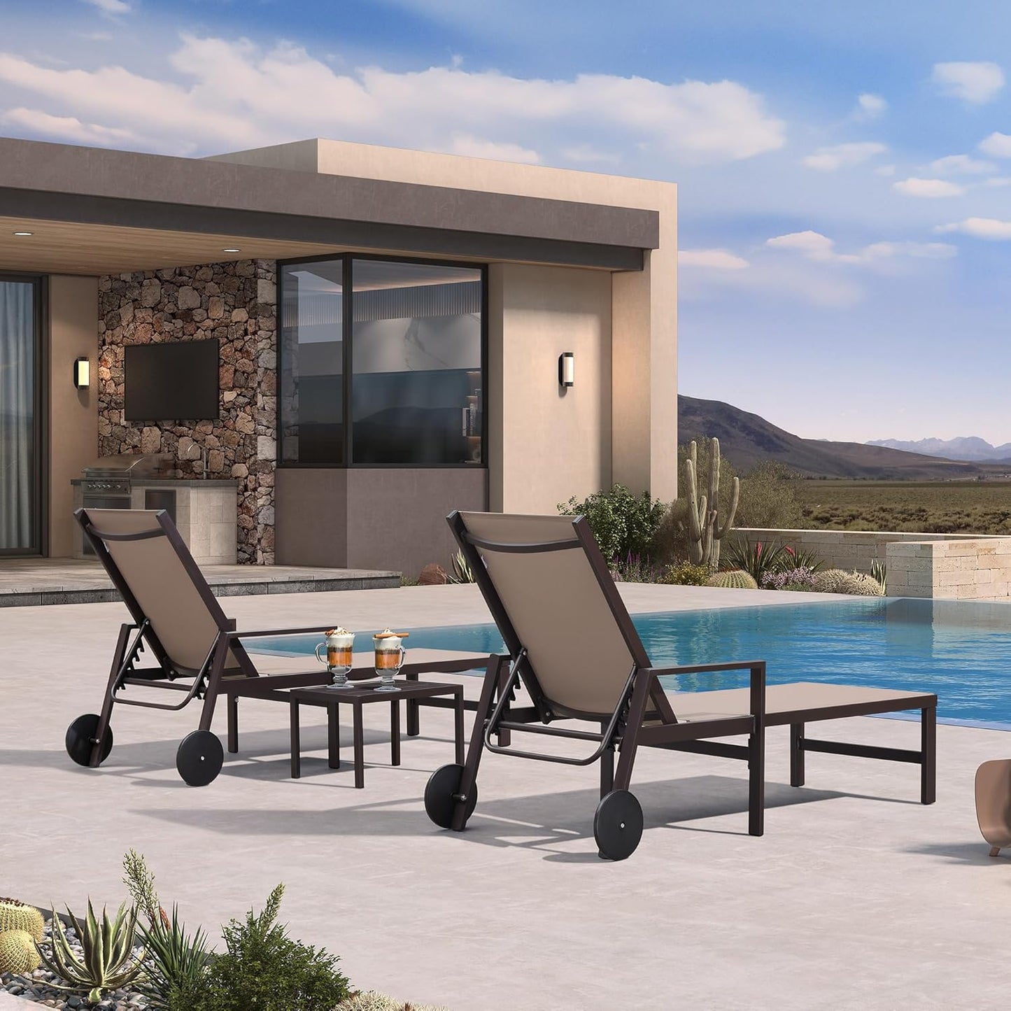 PURPLE LEAF Pool Lounge Chairs Set of 3 Aluminum Outdoor Lounge Chairs with Wheels and Armrests Adjustable Patio for Deck Outside Lawn Garden, Taupe