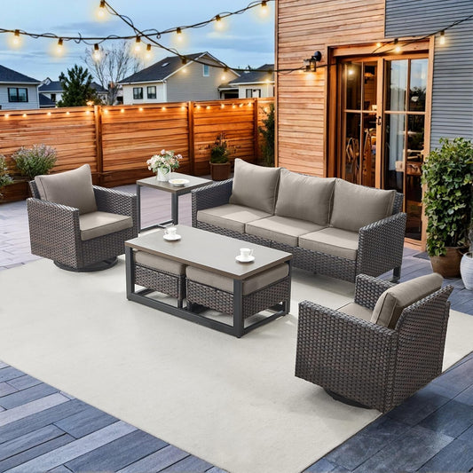 HUMMUH 7 Piece Patio Furniture Set PE Wicker Outdoor Couch,Patio Swivel Rocker Chairs and Ottomans Tables for Porch,Garden,Backyard