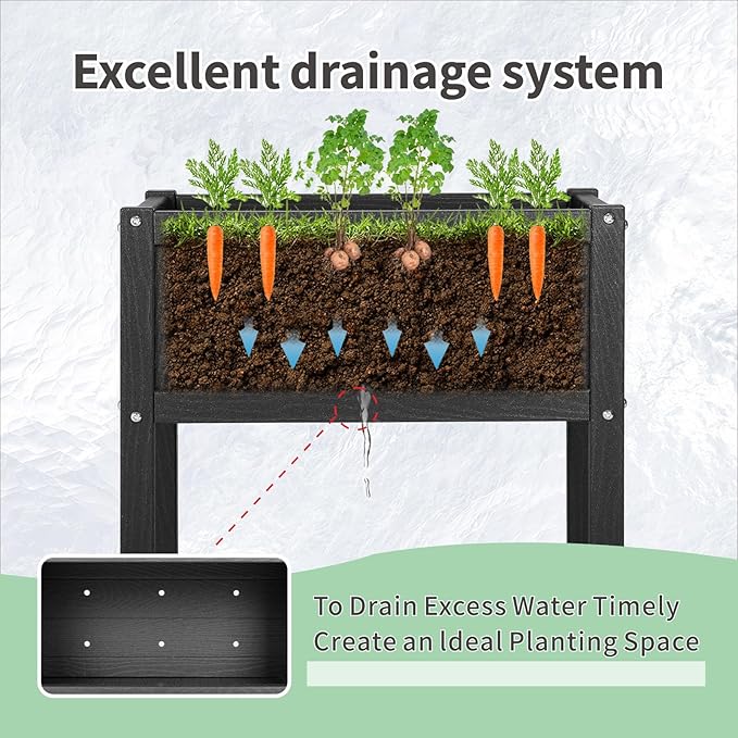 Raised Garden Bed with Drainage Hole Waterproof HDPE Elevated Planter Box with Legs Stable and Durable to Plant Herb Vegetable Flower,Patio,Balcony Outdoors/Indoors Black