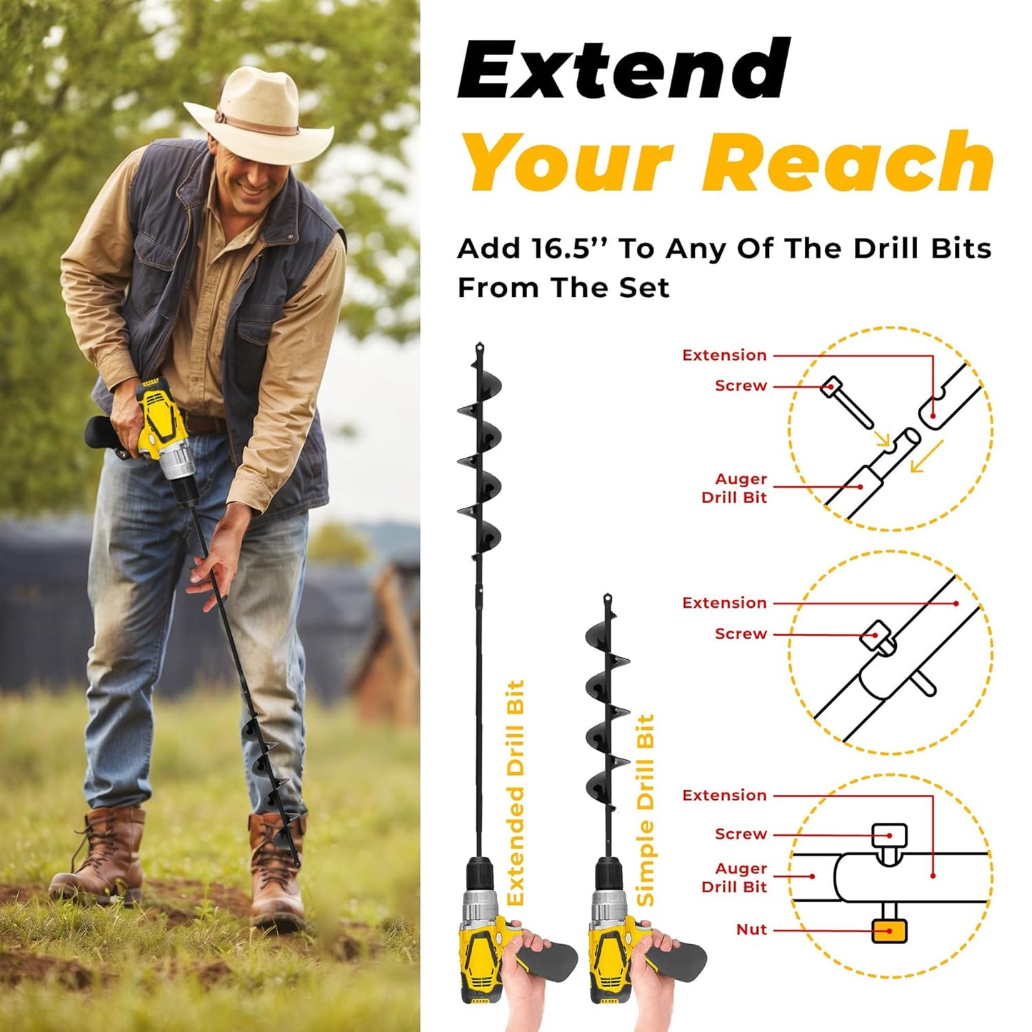 Auger Drill Bit for Planting 2x32'' - with Extension - Spiral Hole Planter for Bulbs, Fence Posts, and Umbrella Holes - 3/8'' Hex Drive Drill- Gardening Hole Digger Yard Tools