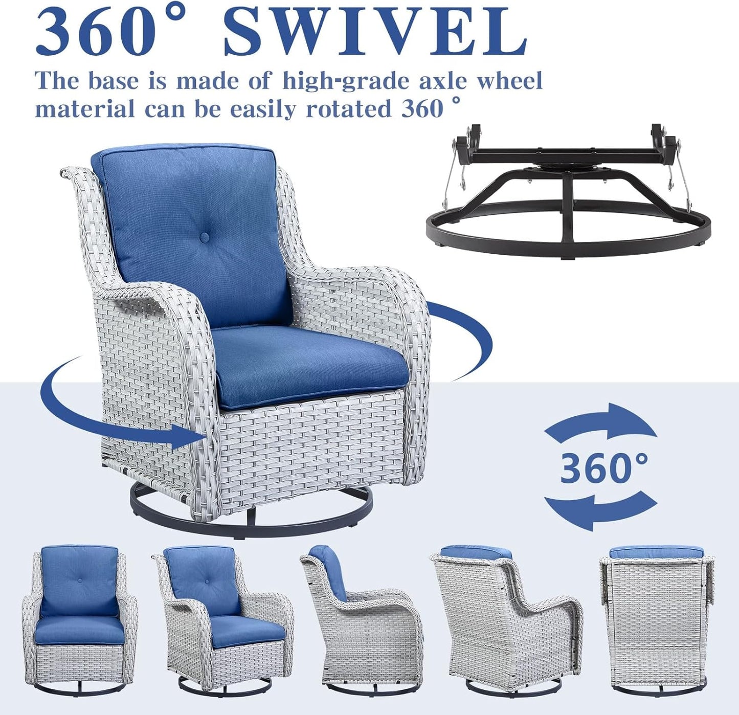 Outdoor Swivel Rocker Patio Chairs Set of 3,High Back Swivel Patio Chairs Wicker Furniture Set,2 PCS Rattan Swivel Rocking Chair with Side Table,Light Grey Wicker (A089-2)