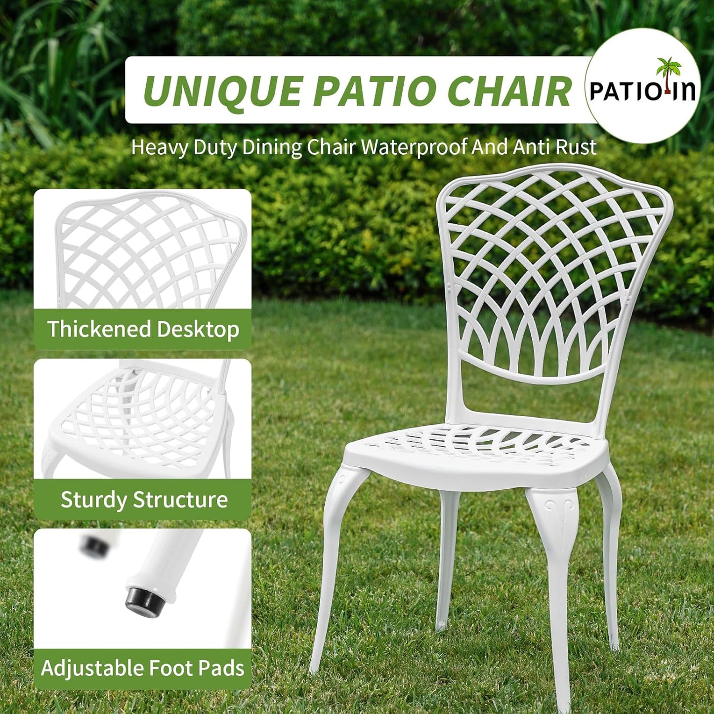 Bistro Set 3 Piece Outdoor Patio Bistro Set with Umbrella Hole, Rust Resistant White Bistro Table and Chairs Set of 2 Cast Aluminum Furniture for Porch Garden White