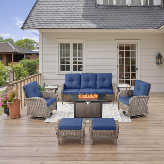 8 Piece Patio Furniture Set with 50000 BTU Propane Fire Pit Table, Outdoor Conversation Set with 2 Swivel Rocker Chairs Wicker Sofa and Ottomans for Casual Gatherings Gray