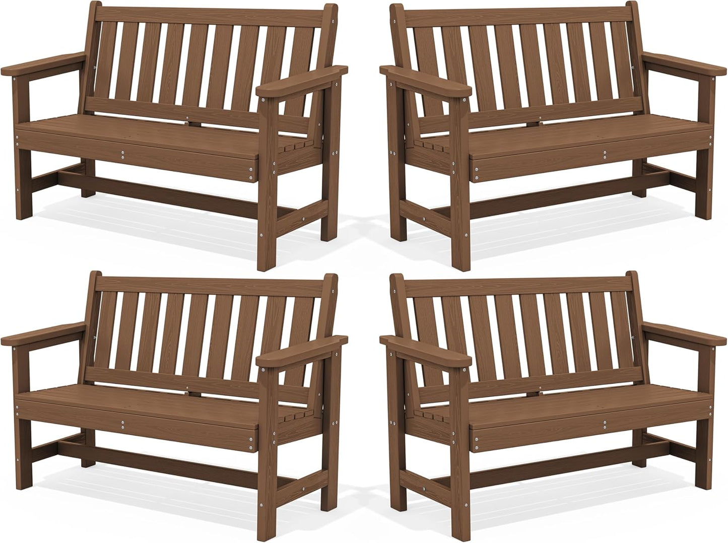 SERWALL Outdoor Bench, HDPE Outdoor Benches Weatherproof, 2-Person Garden Bench with 660 lbs Weight Capacity, Patio Benches for Outdoors, Garden, Porch, Backyard and Park, Brown, 4 Pack