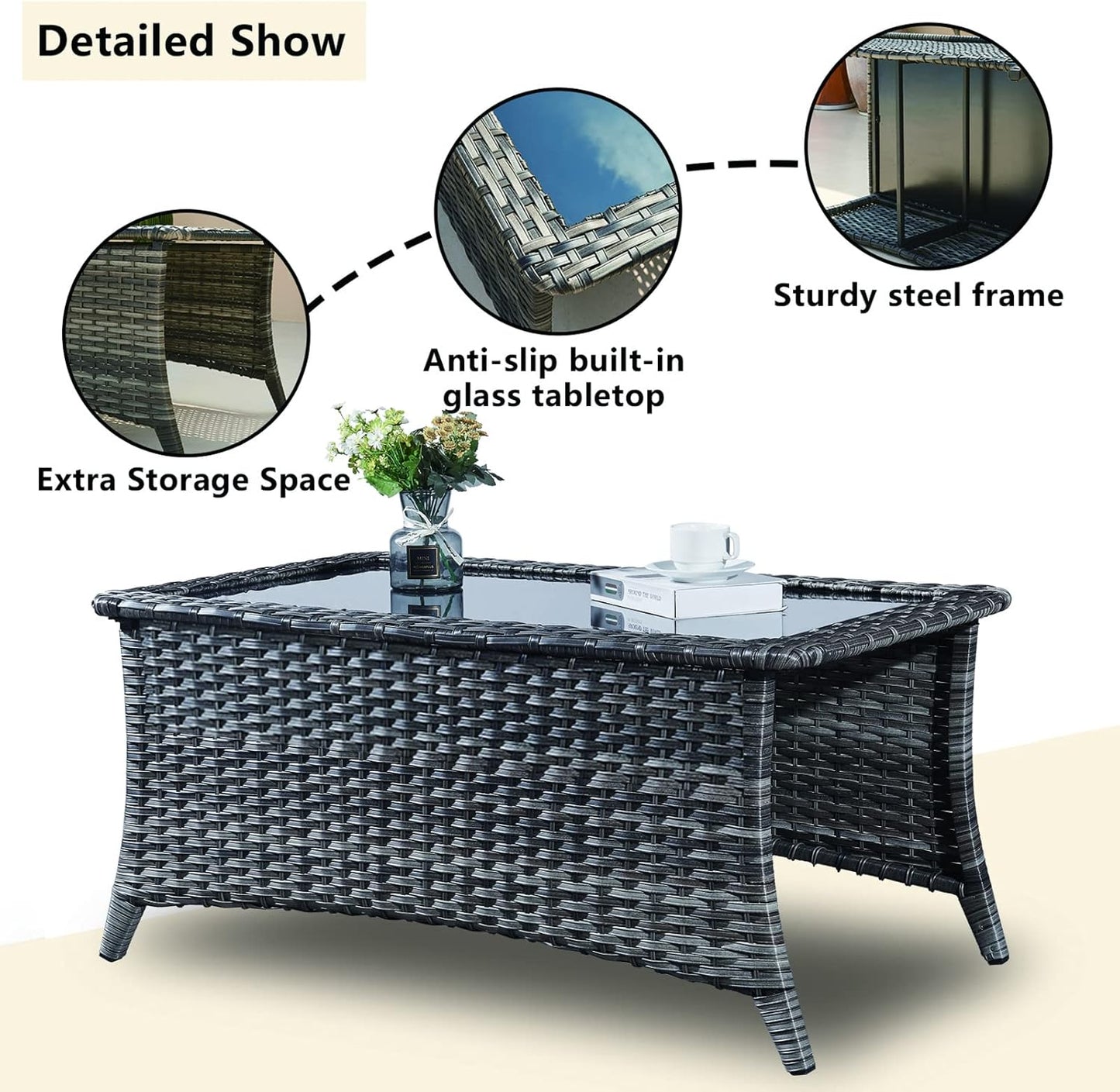 Patio Tables Wicker Coffee Table - Outdoor Rattan Coffee Tables with Glass Top for Patio Proch Deck Balcony Rectangle Mixed Grey