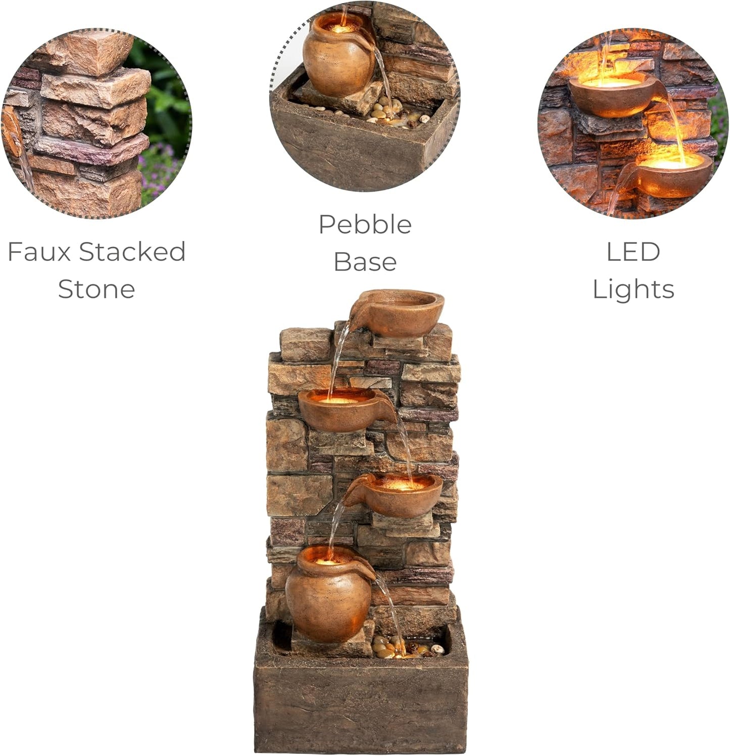 Teamson Home 28.5" Outdoor 4-Tier Stacked Stone Cascading Water Fountain with LED Lights, Brown