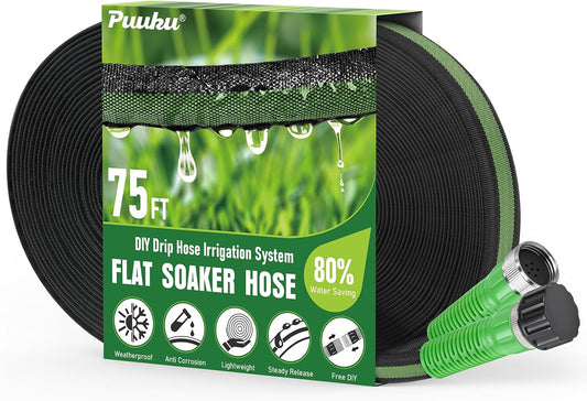 Flat Soaker Hose 75FT for Garden and Lawns, 80% Water-Saving Drip Irrigation Hose with Anodized Aluminum Ends, Flexible Leakproof Double Layer Gardening Hoses ﻿