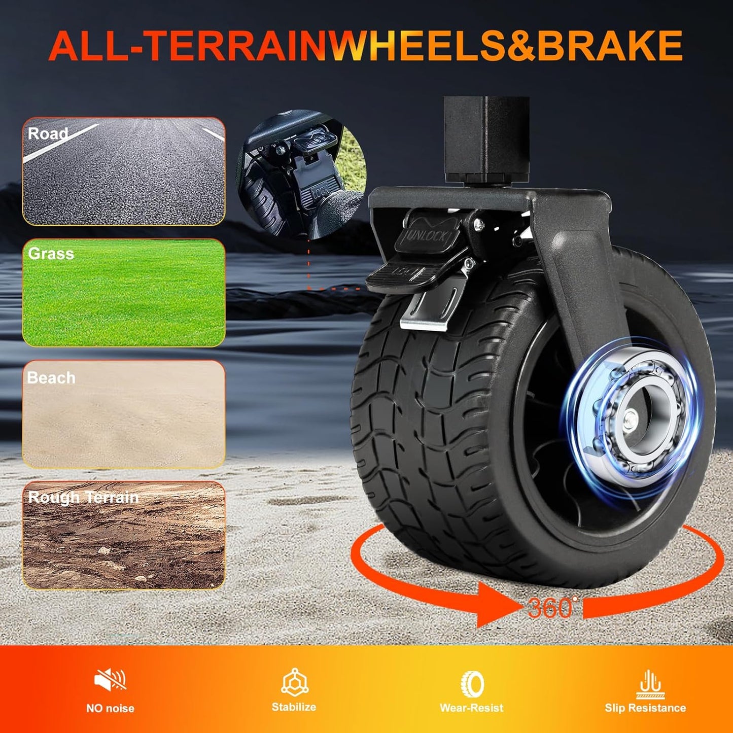 Collapsible Foldable Wagon, Utility Large Capacity Beach Wagon with Big Wheels, Shopping Cart with Side Pocket and Brakes for Sand, Garden, Grocery, Sports, Camping, Black