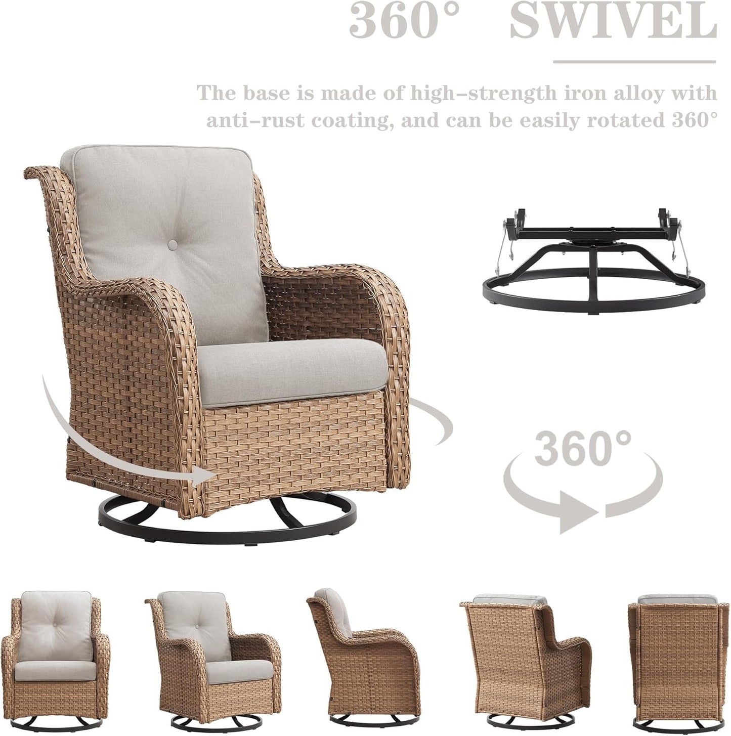 5 Pieces Patio Furniture Sets Wicker Outdoor Furniture, Rattan Patio Swivel Glider Chairs with 2 Ottoman and Glass Side Table, Yellow Wicker