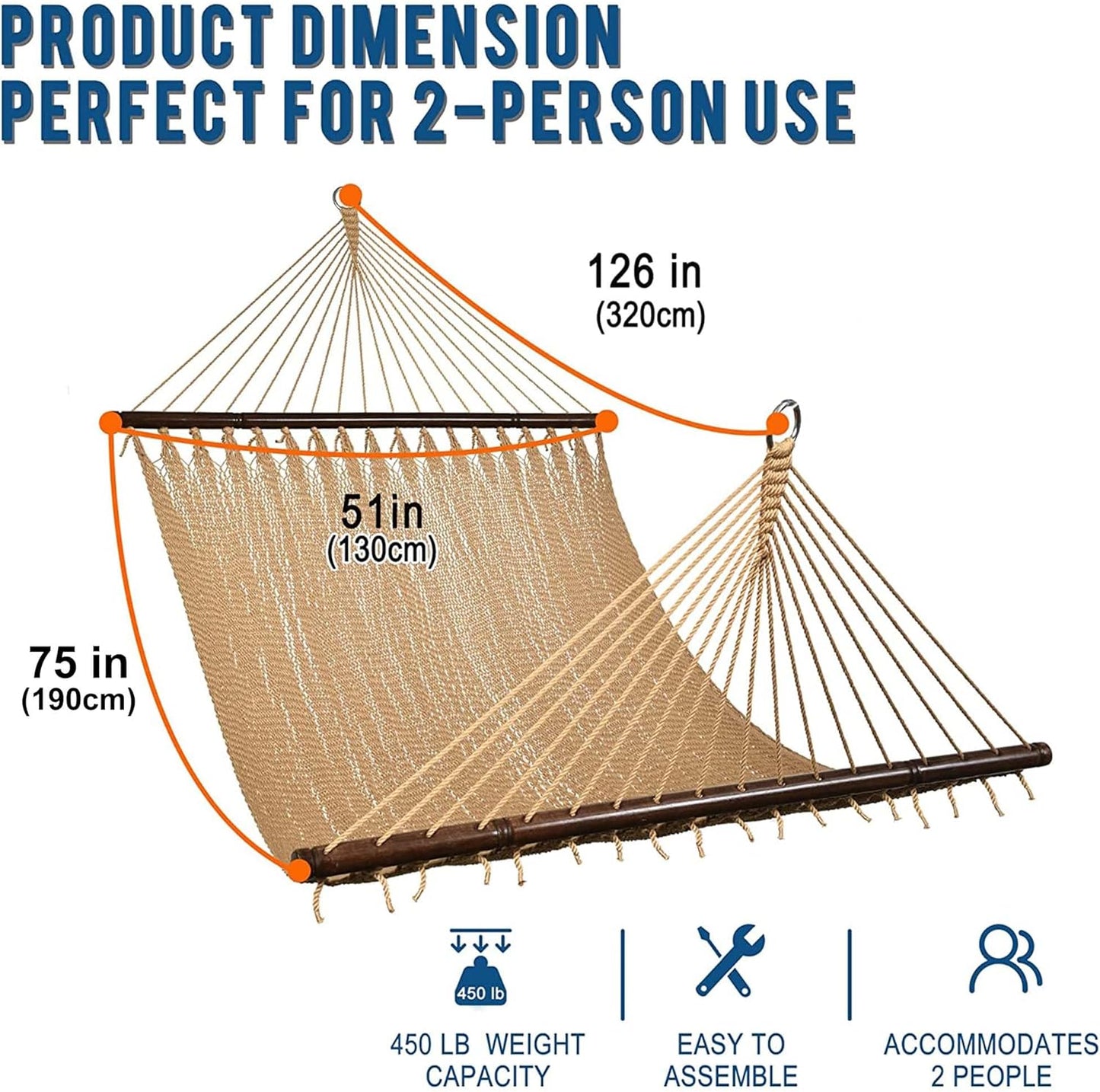 Lazy Daze Hammocks 10.5 FT Double 2 Person Caribbean Rope Hammock, Hand Woven Polyester Hammock with Spreader Bars, for Outside Outdoor Backyard Patio Poolside,450 LBS Capacity, Tan