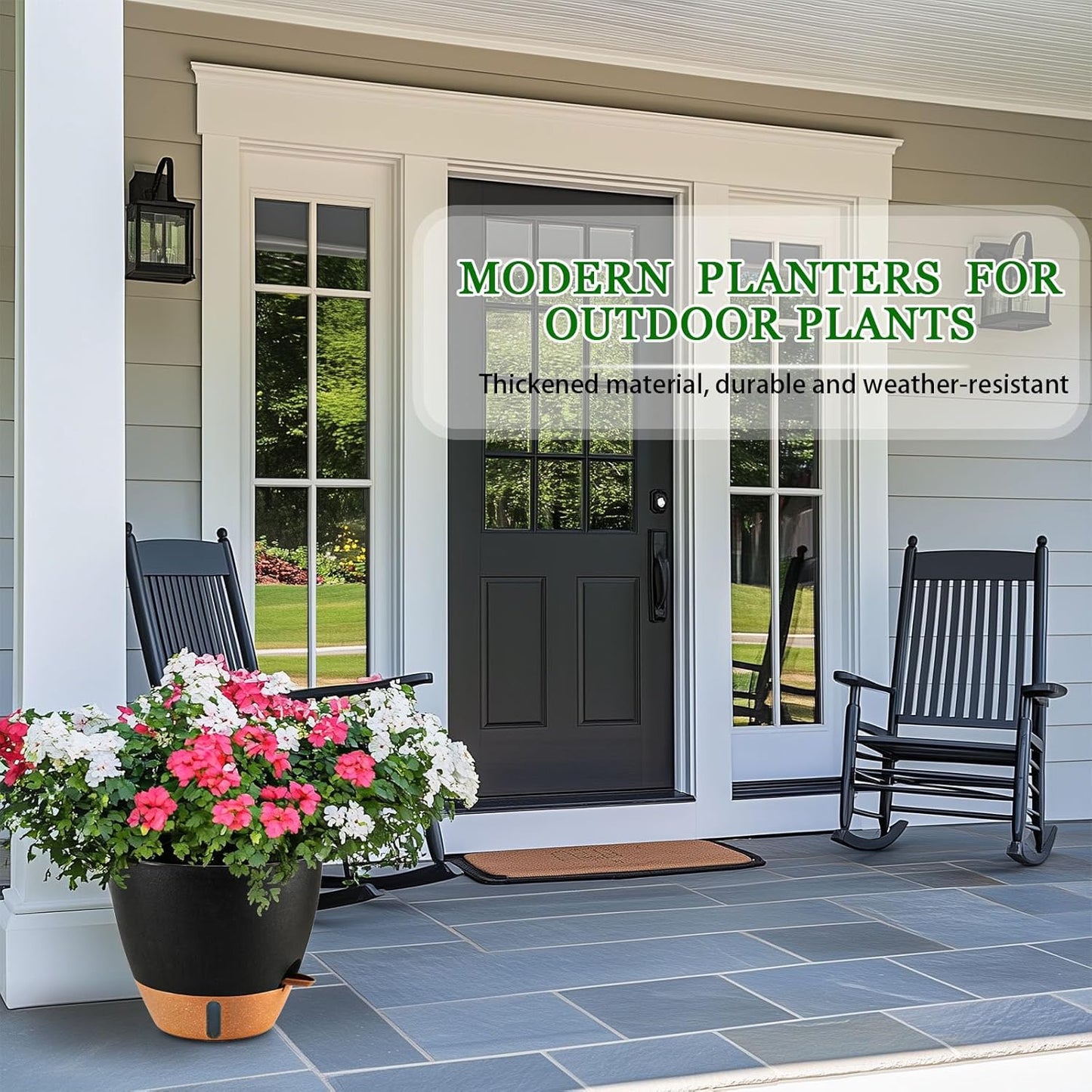 8/10/12 Inch Self Watering Pots for Indoor/Outdoor Plants - Large Plastic Planter with Drainage Holes, Water Level Indicator & Deep Reservoir, Modern Decorative Flower Pots (Black)