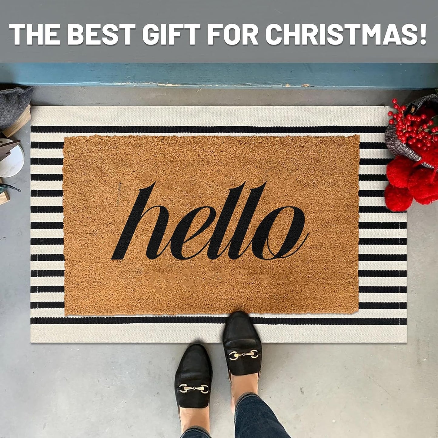 IOHOUZE Black Beige Striped Rug -2'x3' Front Door Rugs Outdoor, Small Washable Area Rug for Front Porch, Spring Summer Welcome Mats Outdoor Indoor, Doormat for Entryway Porch Entrance