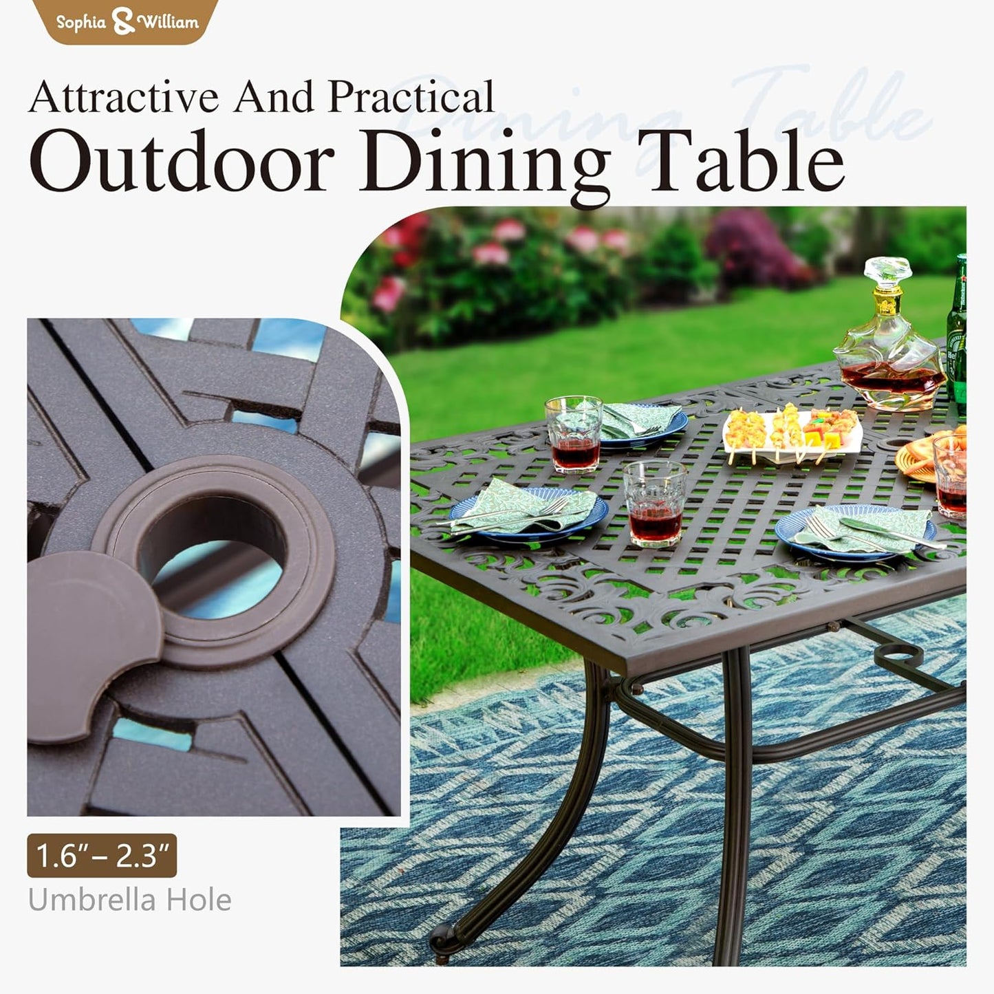 Sophia & William 7 Pieces Cast Aluminium Patio Dining Furniture Set for 6, Powder-Coating Outdoor Dining Chairs and Rectangular Table with 2.3" Umbrella Hole for Porch Backyard Deck, Bronze