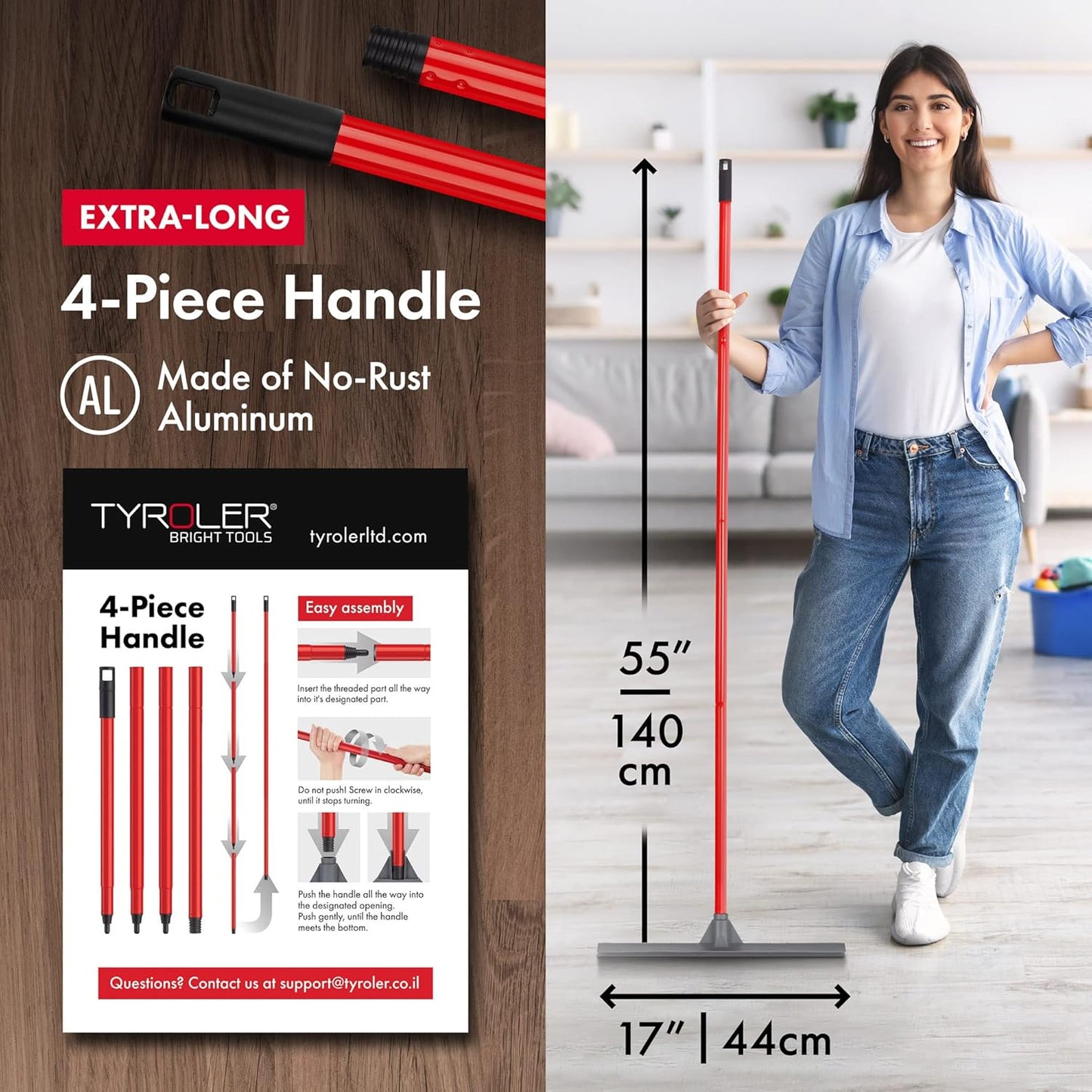 Tyroler Floor Squeegee for Concrete Floor, 17" Heavy Duty Squeegee for Floor, Squeegee Broom for Floor with 55" 4 Part Handle Perfect for Tiles, Marble, Garage, Deck, Patio, Bathroom, Shower, Window