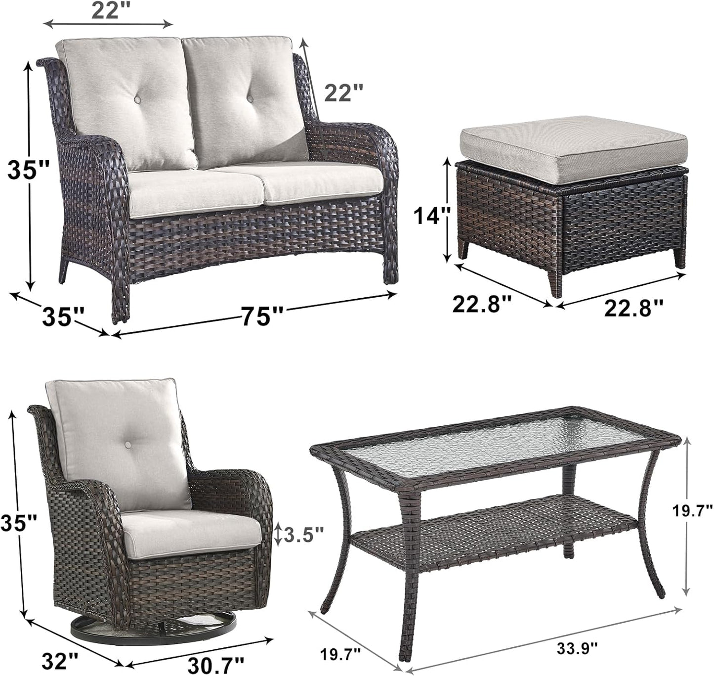 Outdoor Wicker Patio Furniture Set - 6 Piece Rattan Patio Conversation Set with 2 Rocking Swivel Chairs,2 Ottomans,1 Loveseat and 1 Coffee Table for Porch Deck Backyard Garden(Brown/Beige)